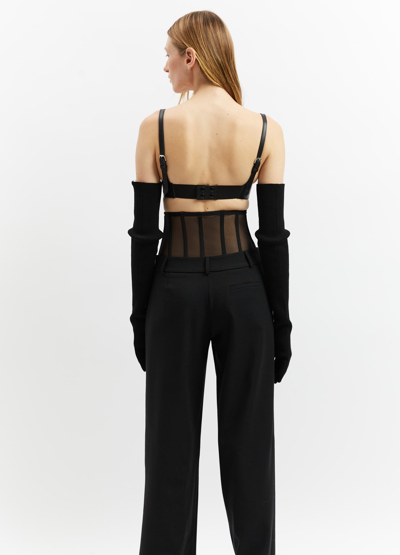 MONSE Leather Bra in Black on Model Back View