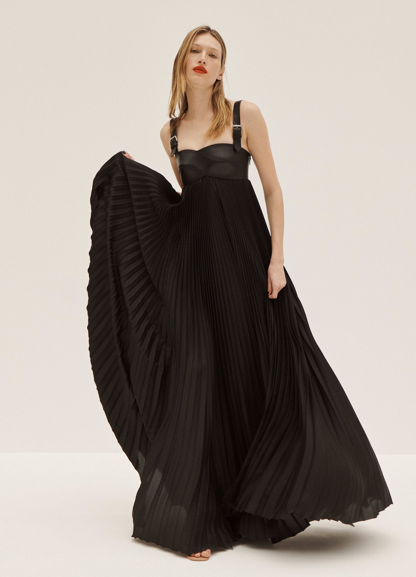MONSE Leather Criss Cross Dress in Black on Model Dancing Front View