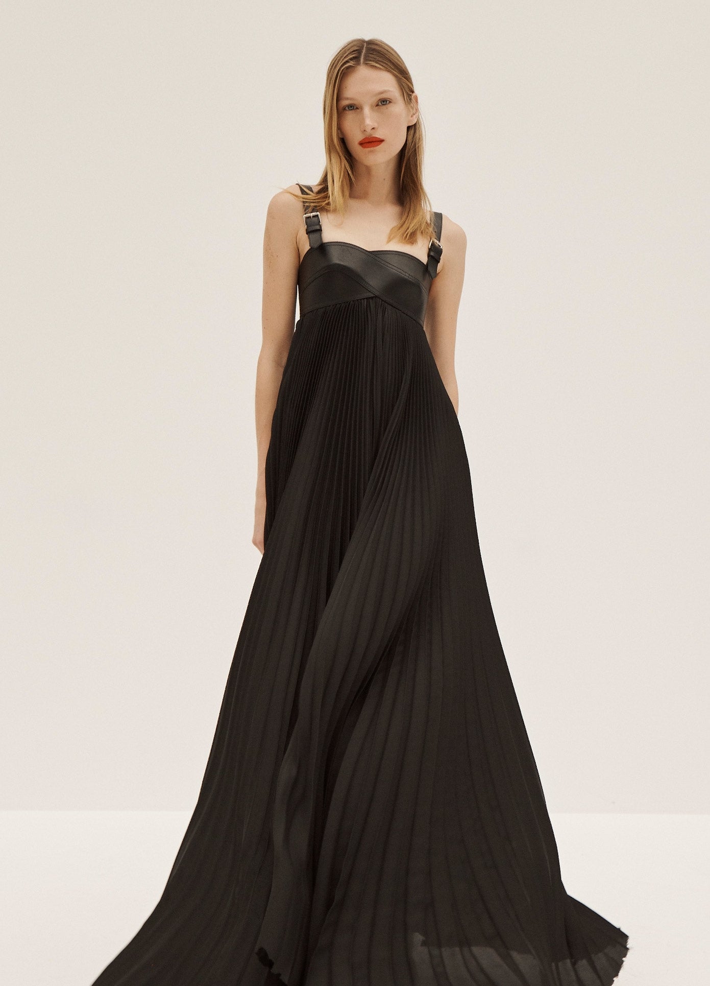 MONSE Leather Criss Cross Dress in Black on Model Front View
