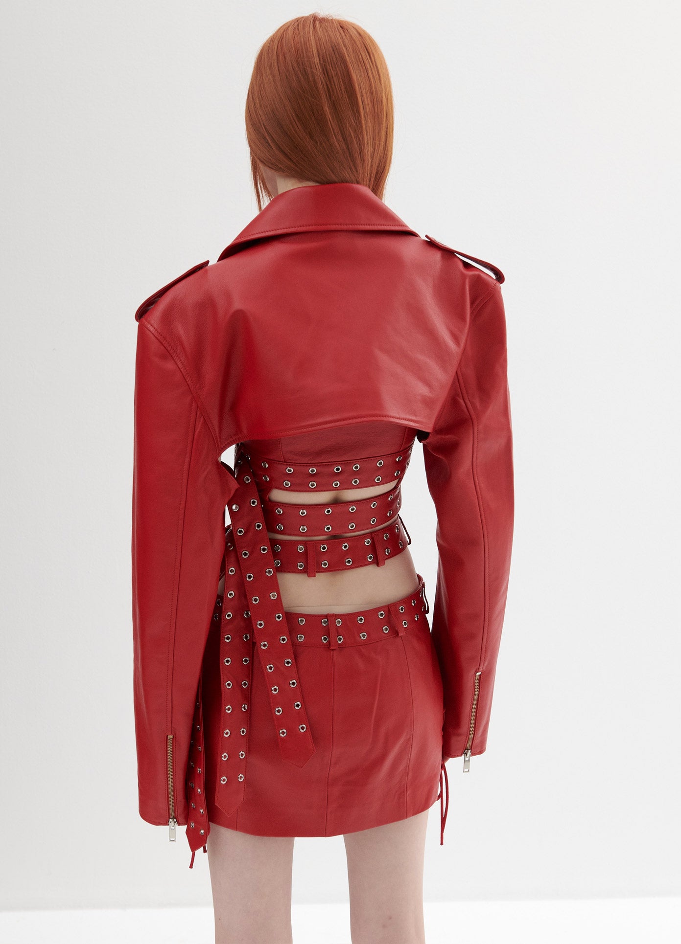 MONSE Leather Criss Cross Mini Skirt in Red on Model Back View
