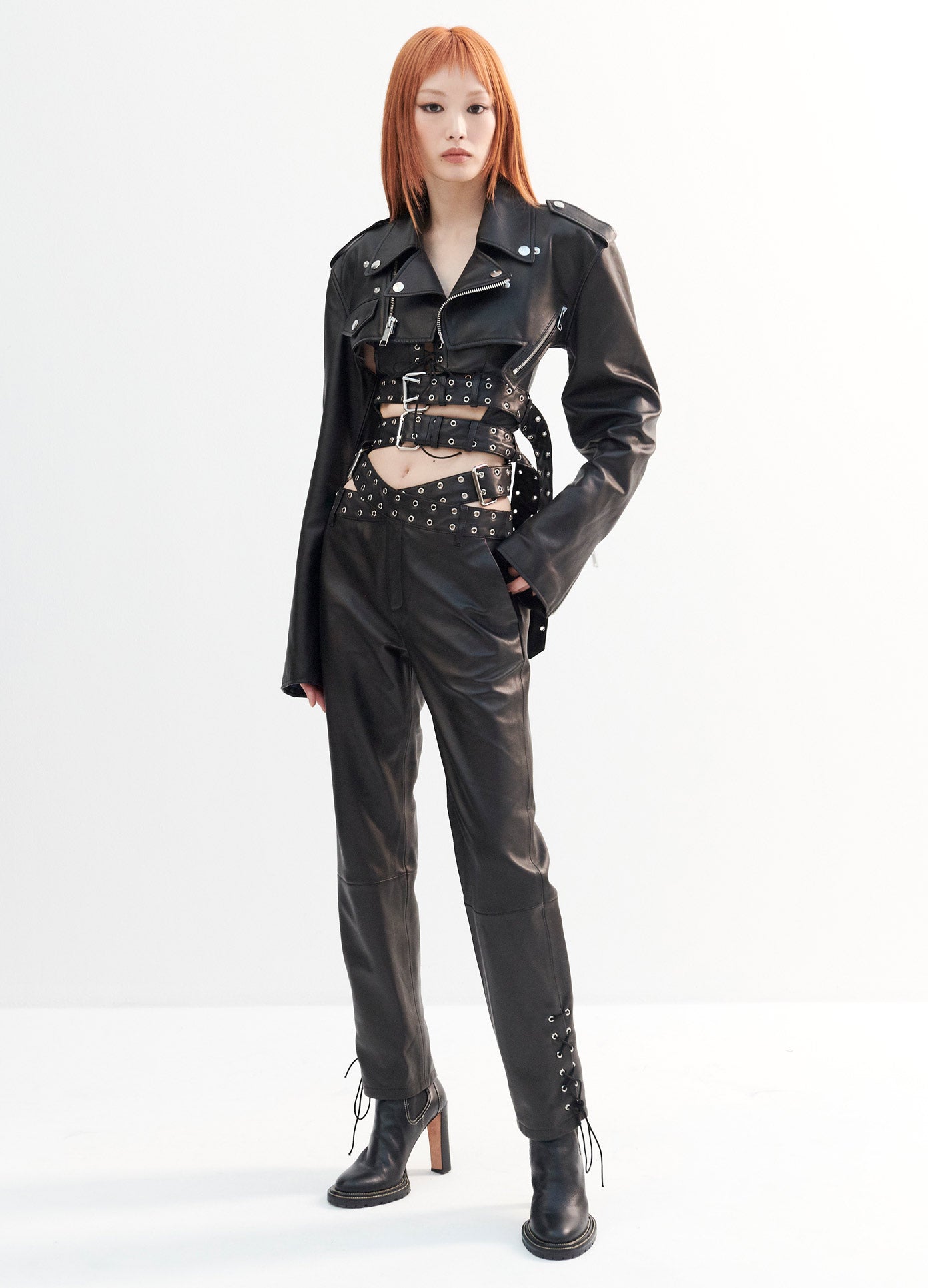 MONSE Leather Criss Cross Trousers in Black on Model Full Front View Main