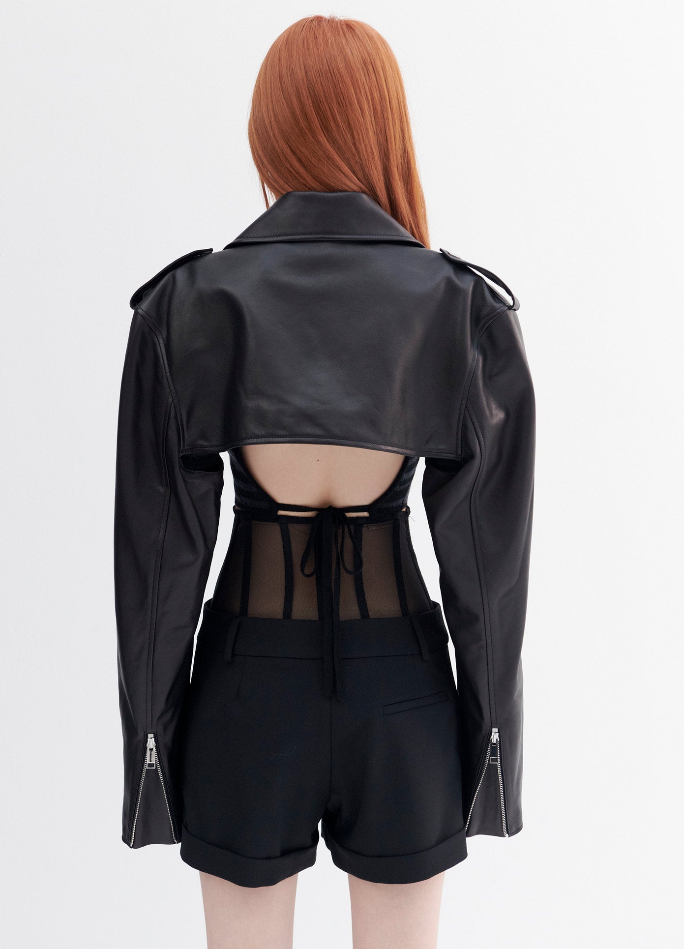 MONSE Leather Cropped Jacket in Black on Model Back View