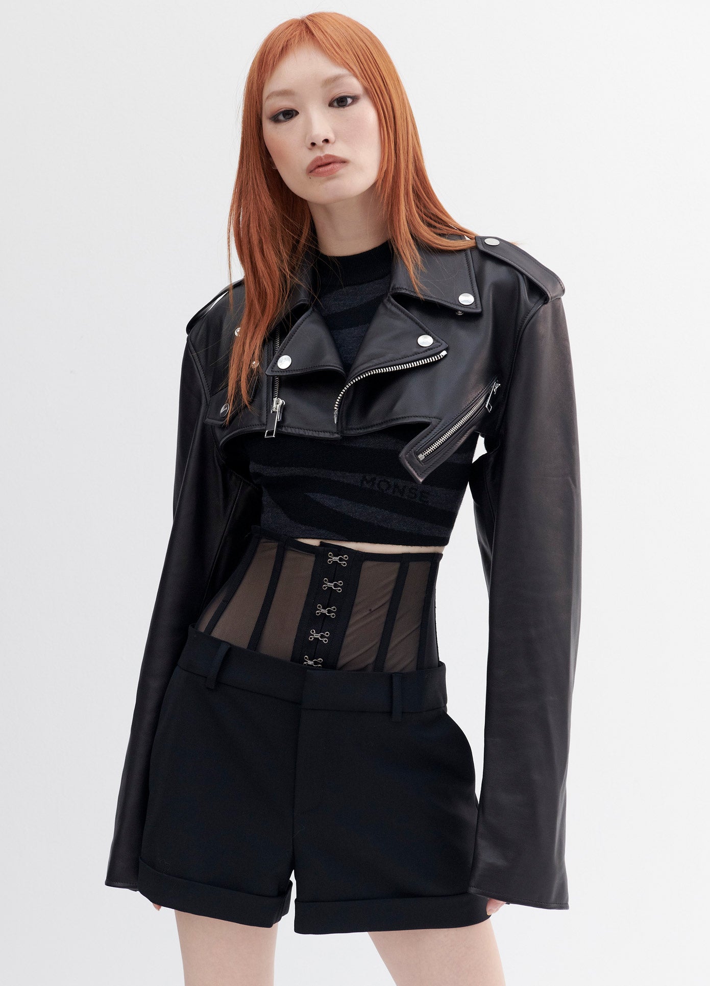 MONSE Leather Cropped Jacket in Black on Model Front View