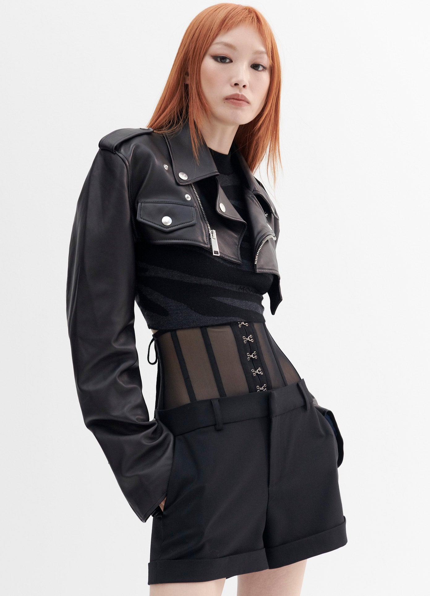 MONSE Leather Cropped Jacket in Black on Model Side View