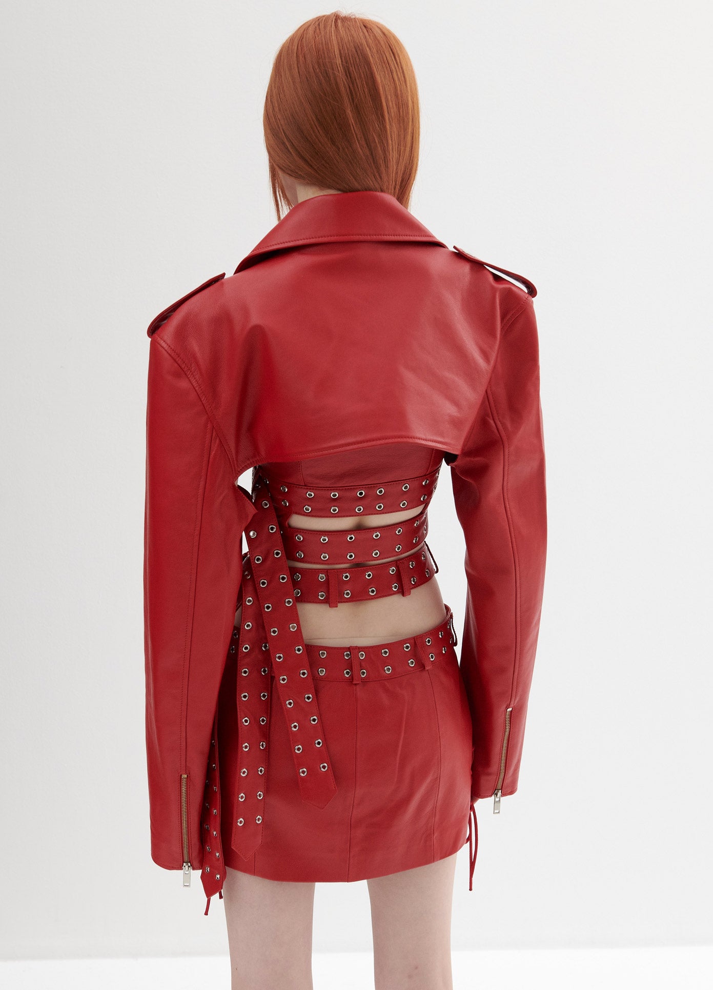 MONSE Leather Cropped Jacket in Red on Model Back View