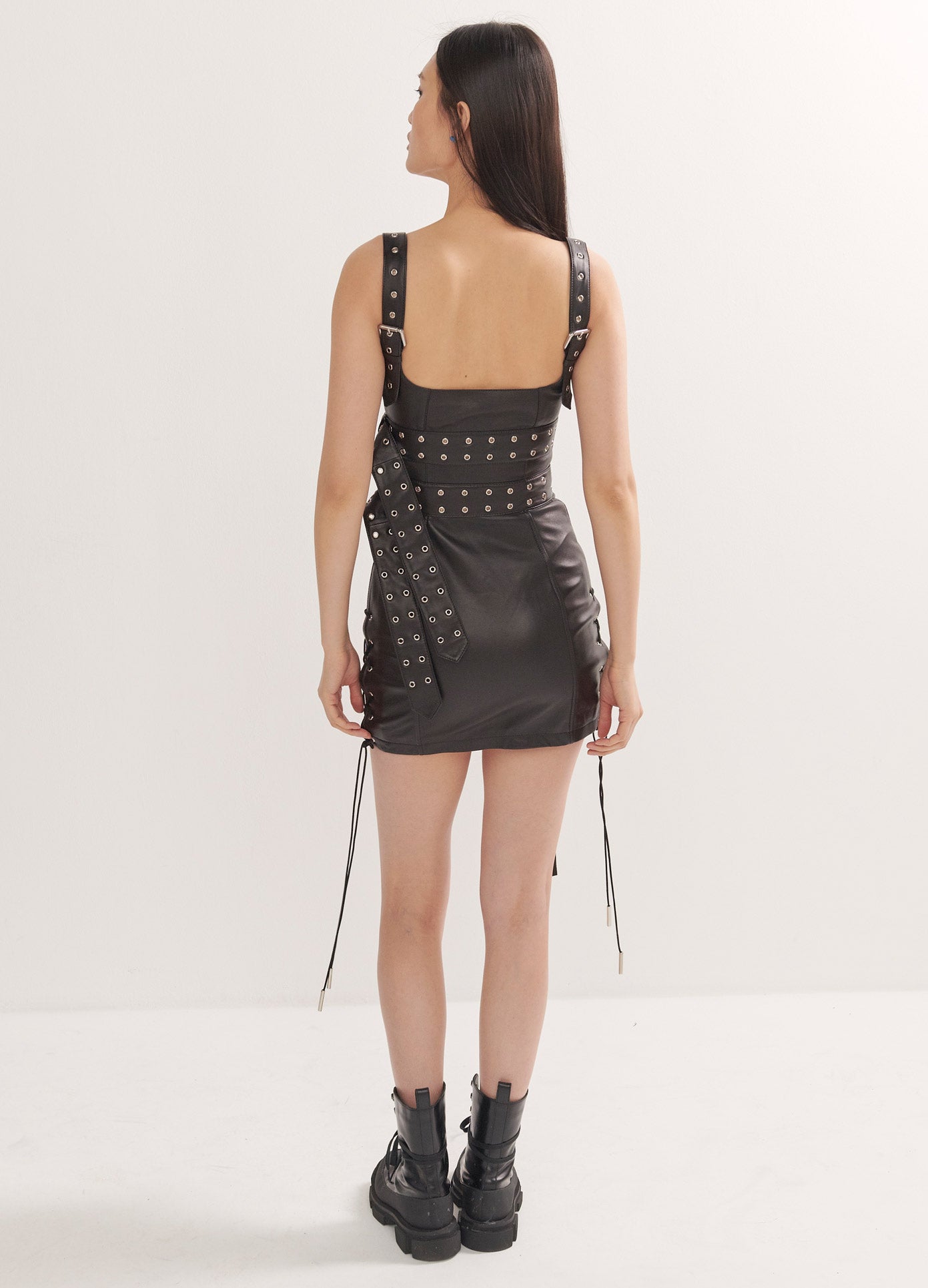 MONSE Leather Double Belted Dress in Black on Model Full Back View