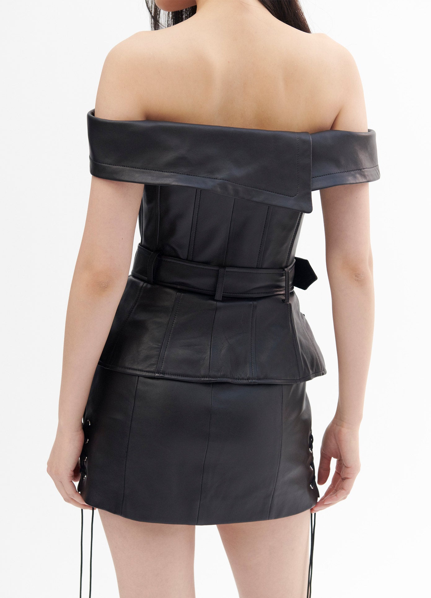 MONSE Leather Off the Shoulder Jacket Zipper Detail in Black on Model Back Detail View