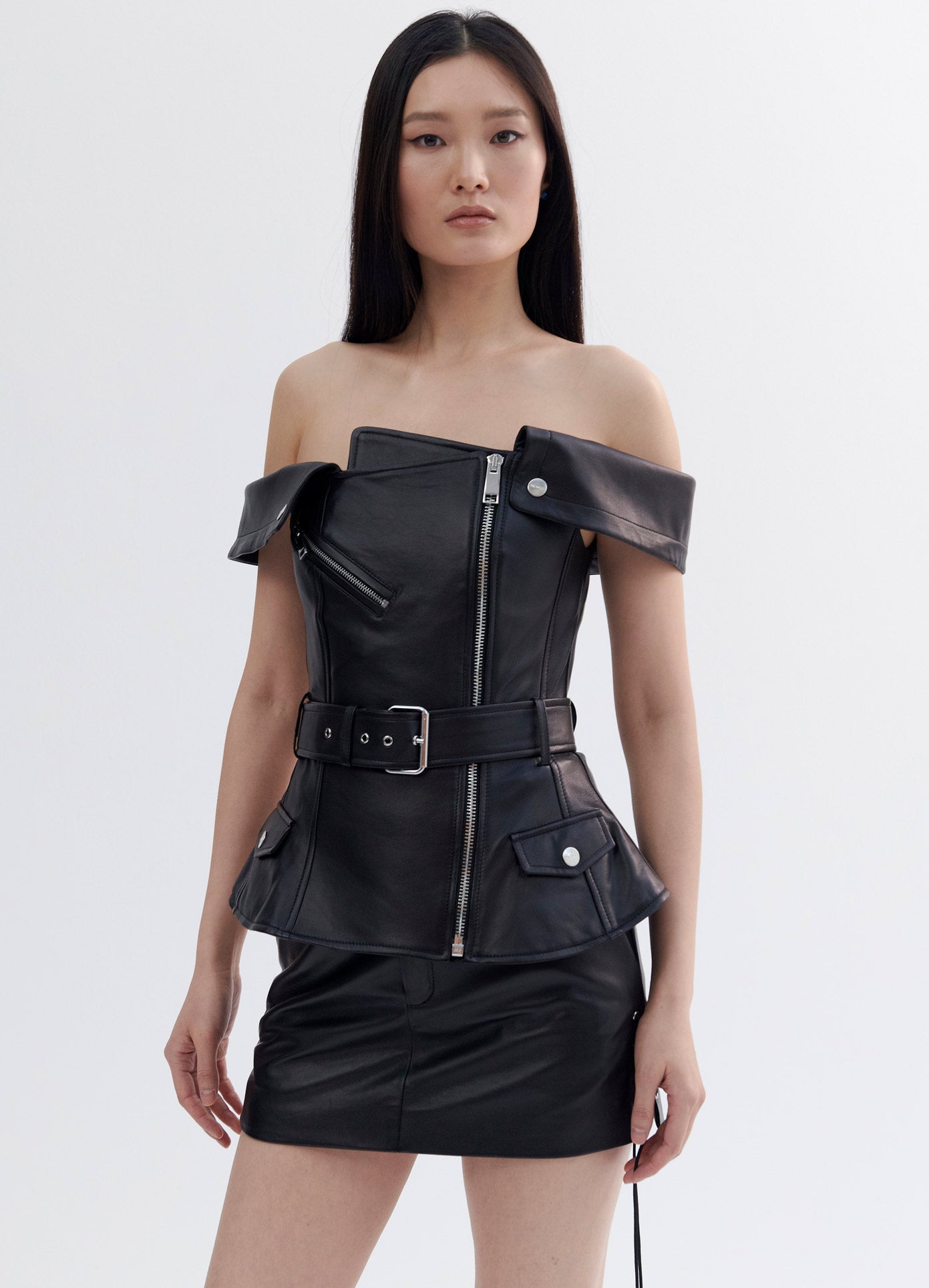 MONSE Leather Off the Shoulder Jacket Zipper Detail in Black on Model Front View Main
