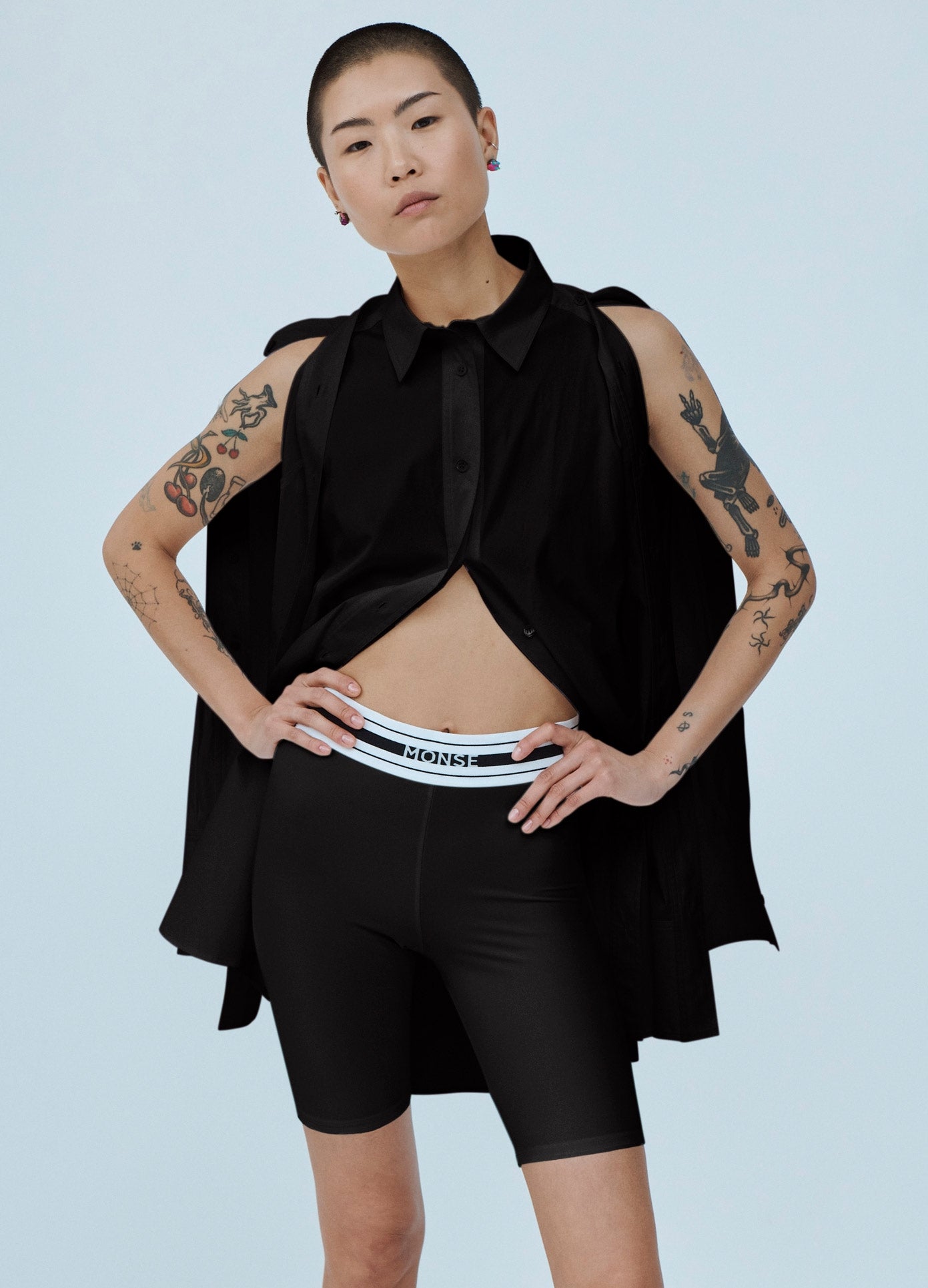MONSE Logo Bike Shorts in Black on Model Front View