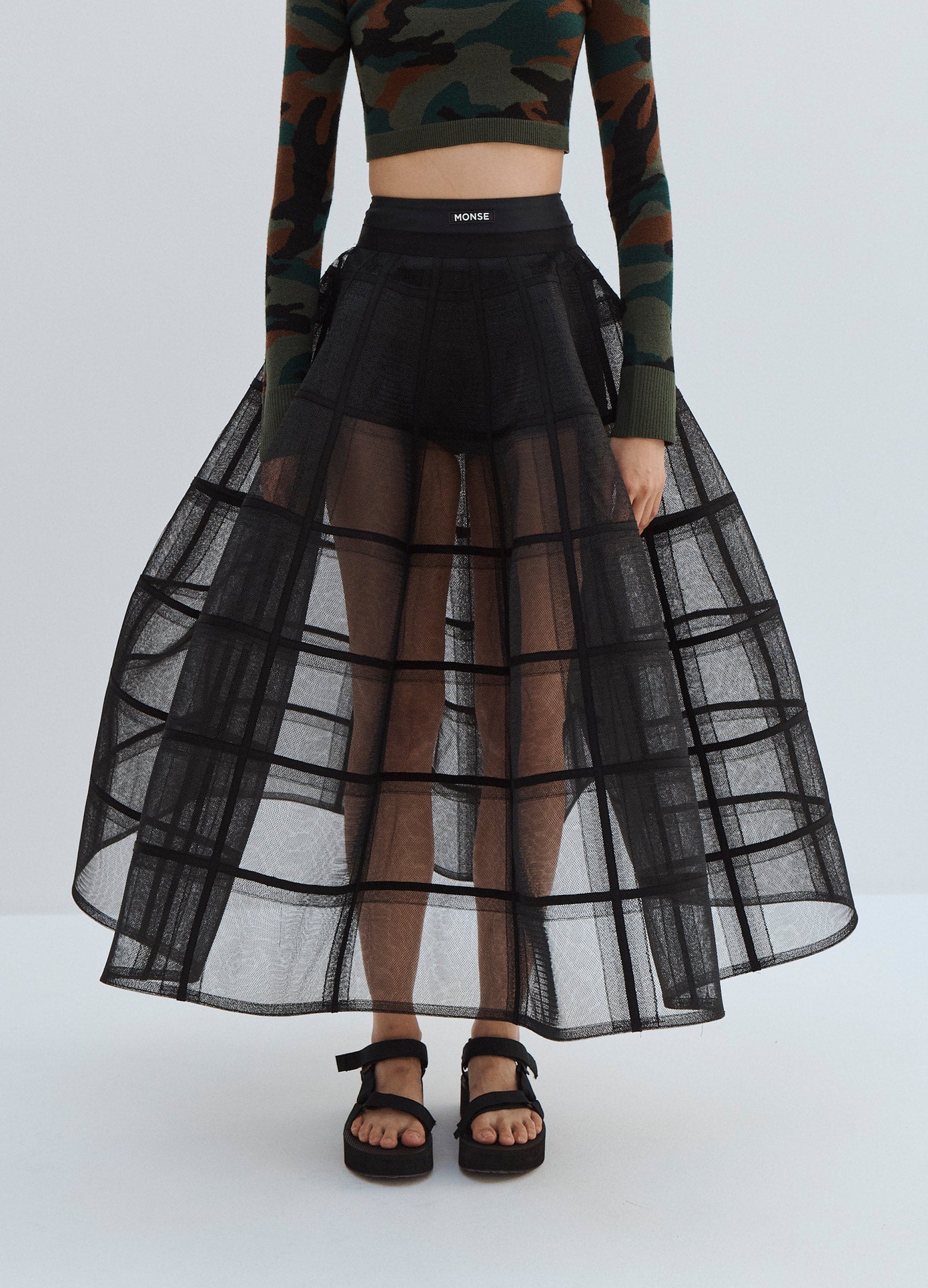 MONSE Long Crinoline Petticoat in Black on Model Skirt Detail View