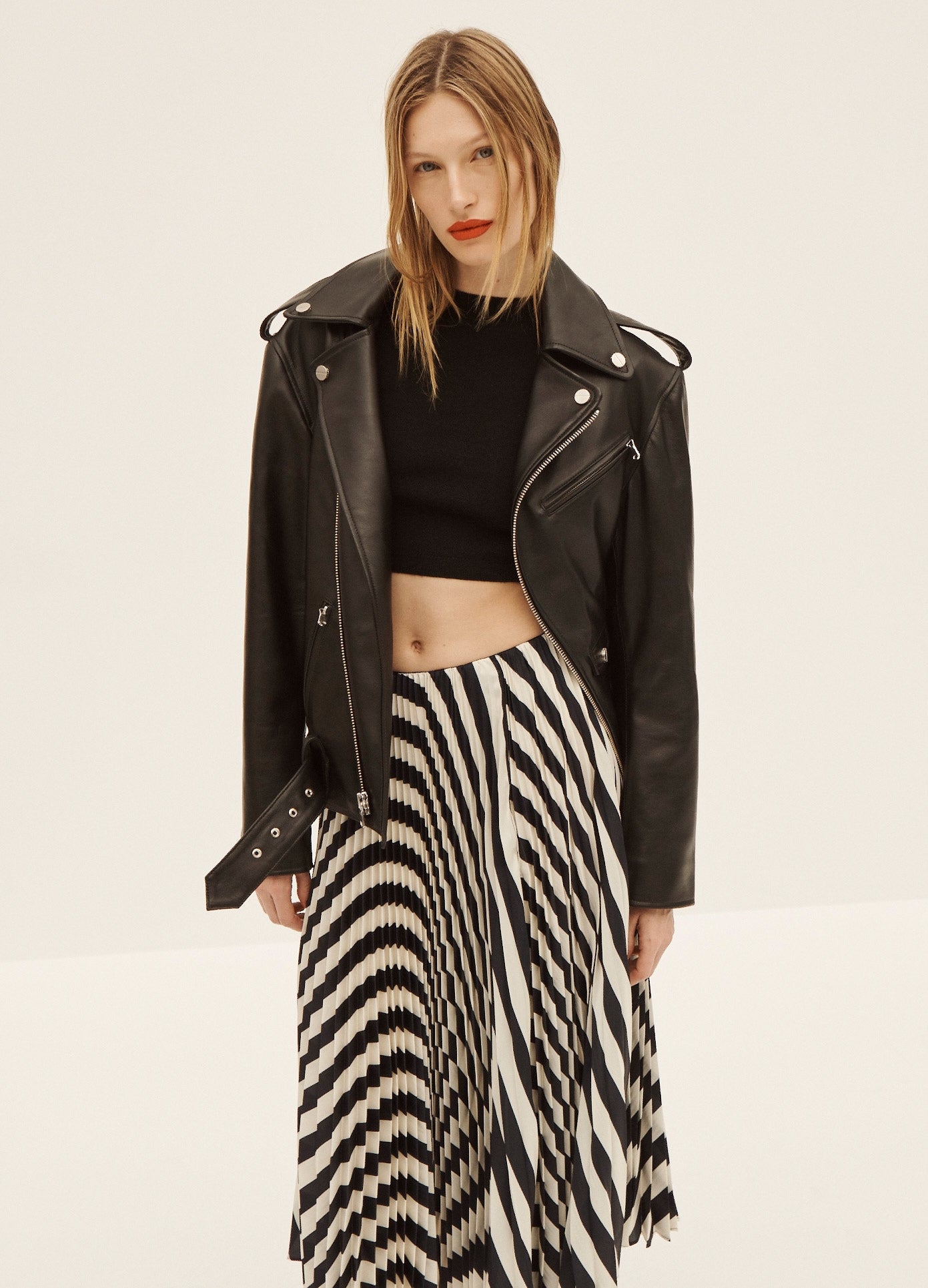 MONSE Long Pleated Skirt in Navy and Ivory on Model Front View
