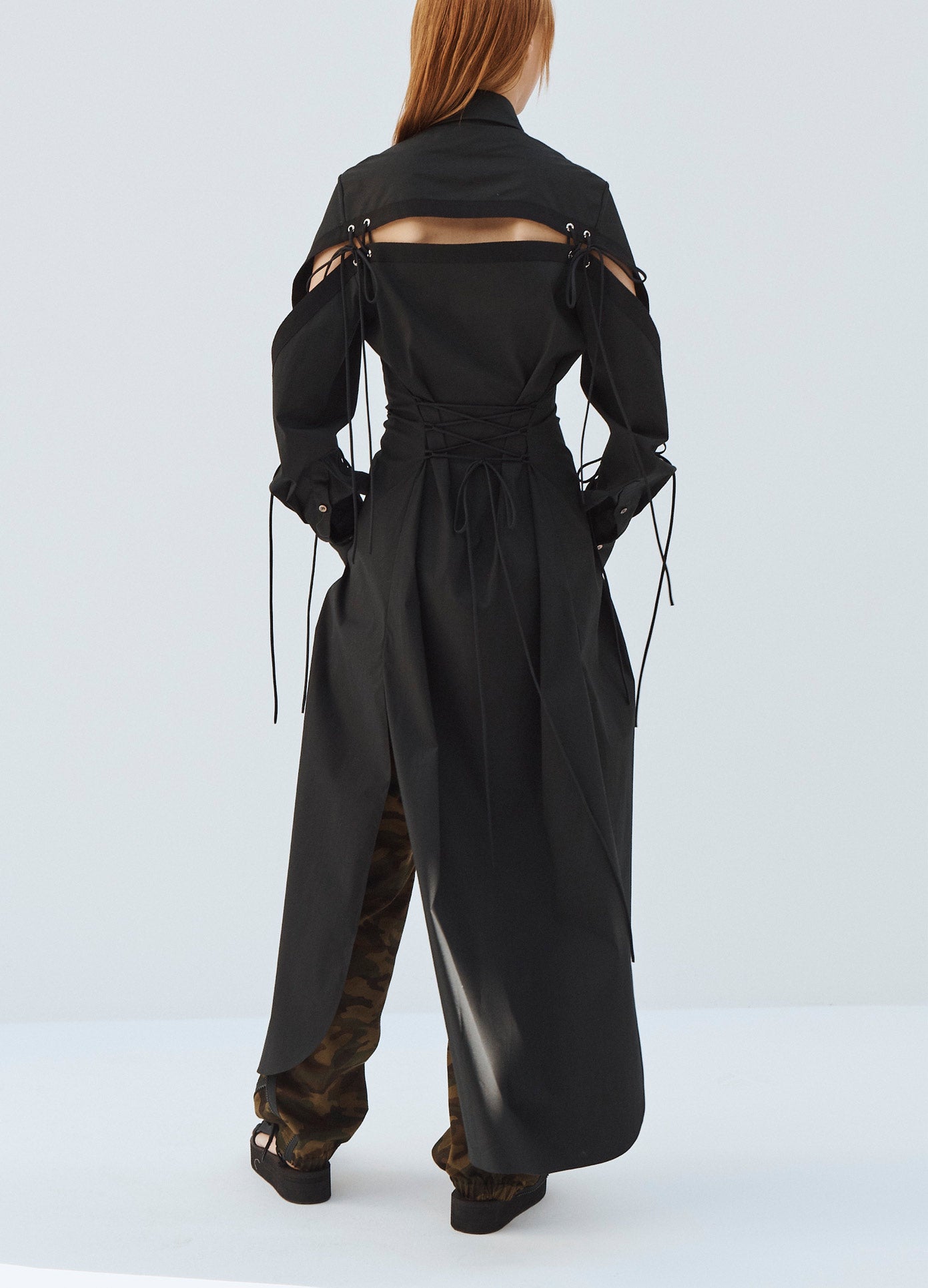 MONSE Long Shirt with Slash and Lacing Detail in Black on Model Full Back View