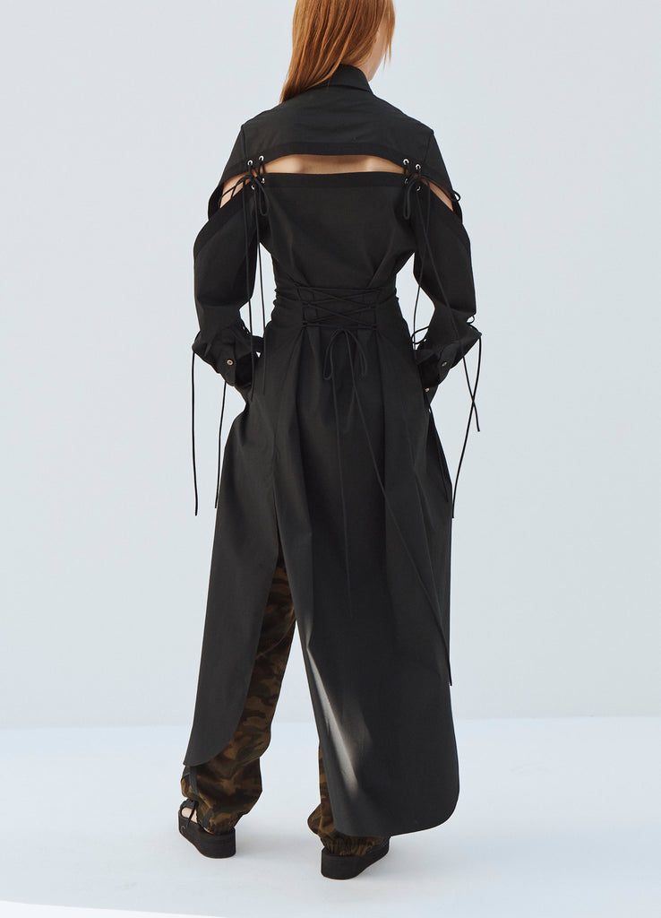 Long Shirt with Slash and Lacing Detail in Black