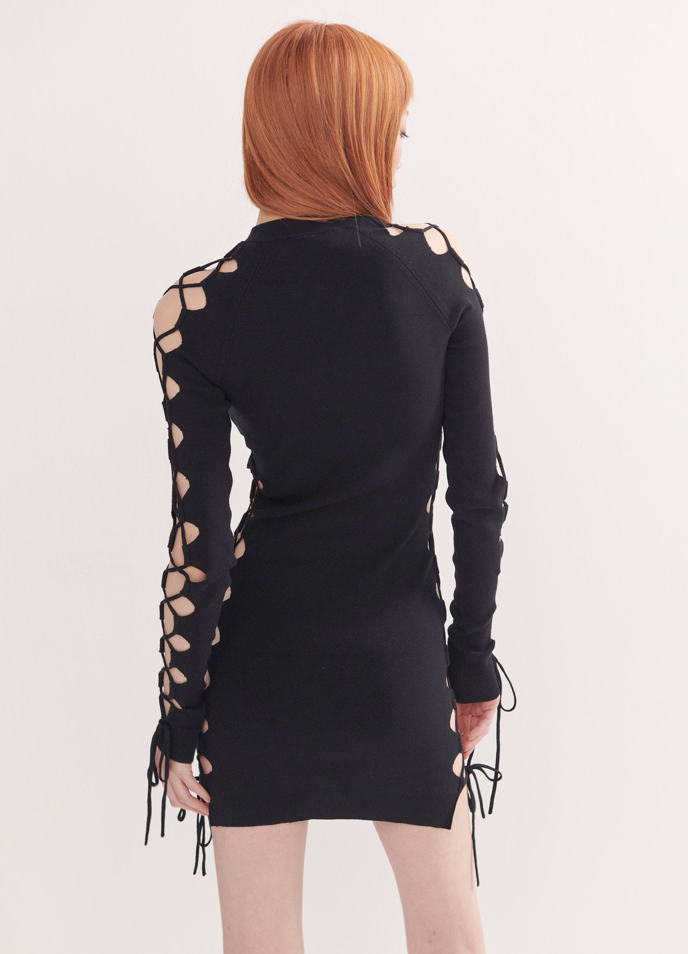 MONSE Long Sleeve Lacing Detail Dress in Black on Model Back View