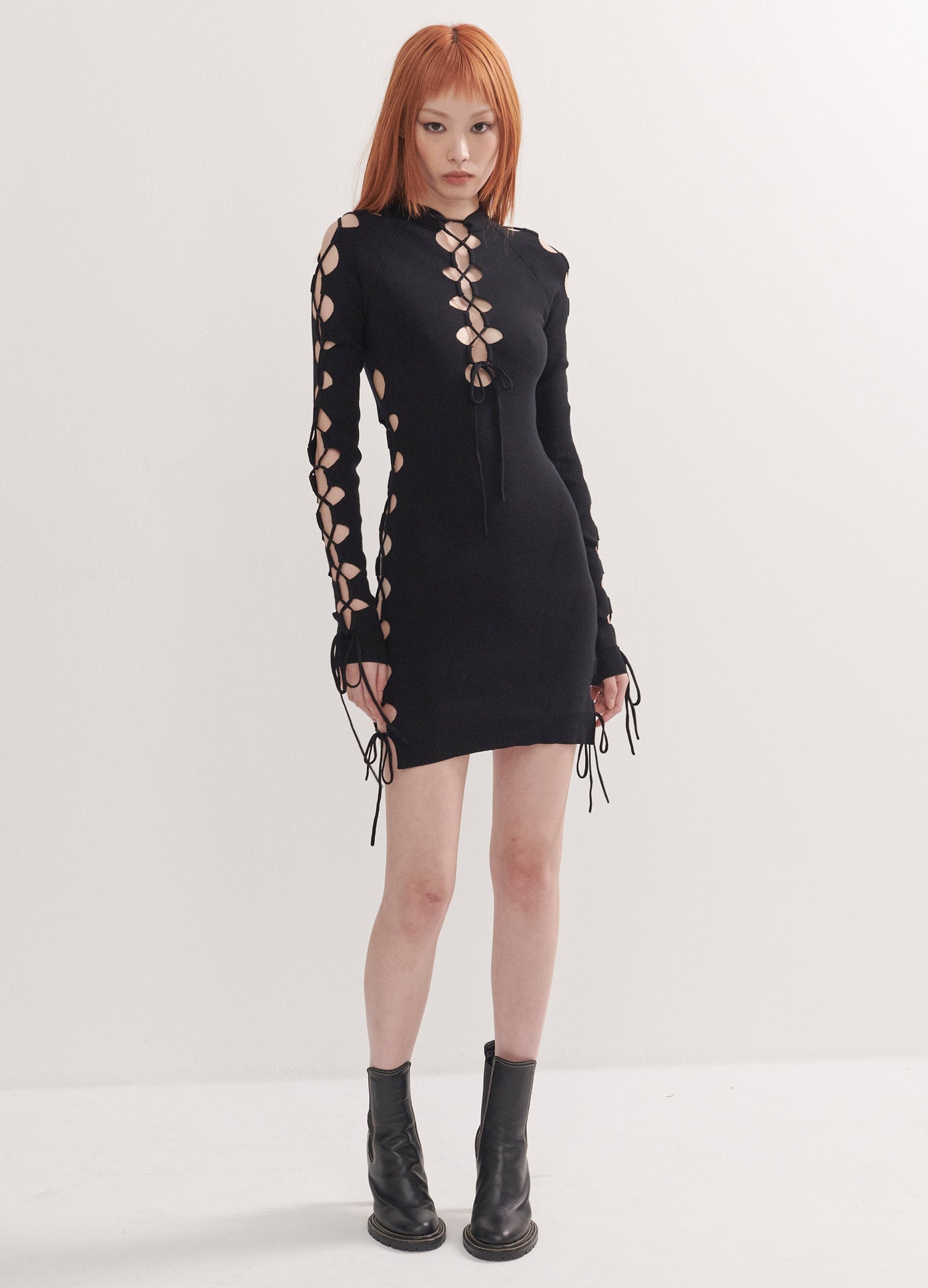 MONSE Long Sleeve Lacing Detail Dress in Black on Model Full Front View