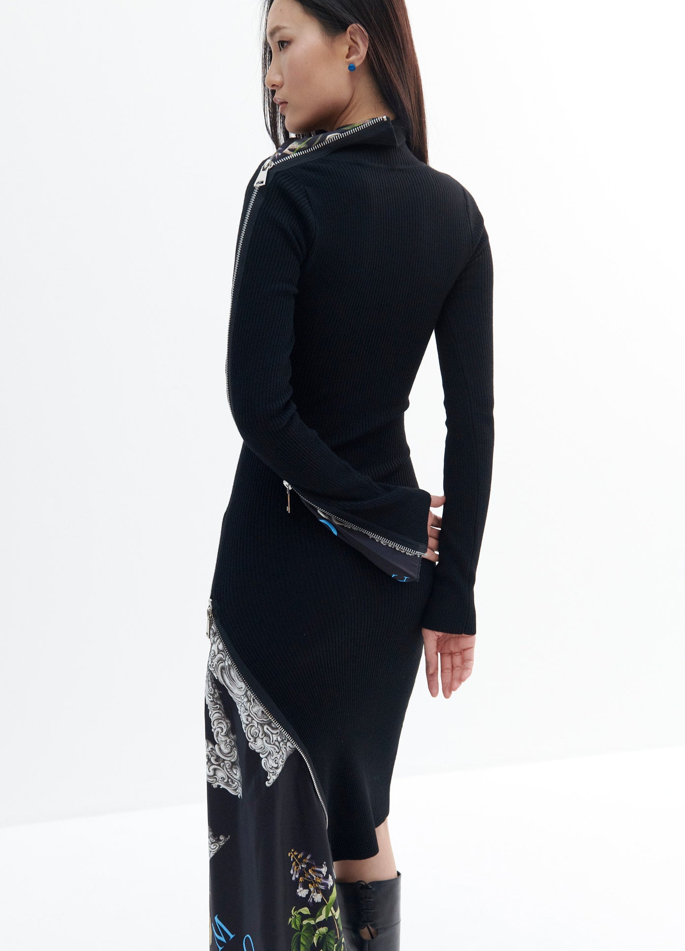 MONSE Long Sleeve Print Inset Zipper Detail Turtleneck Dress in Black Print on Model Back View