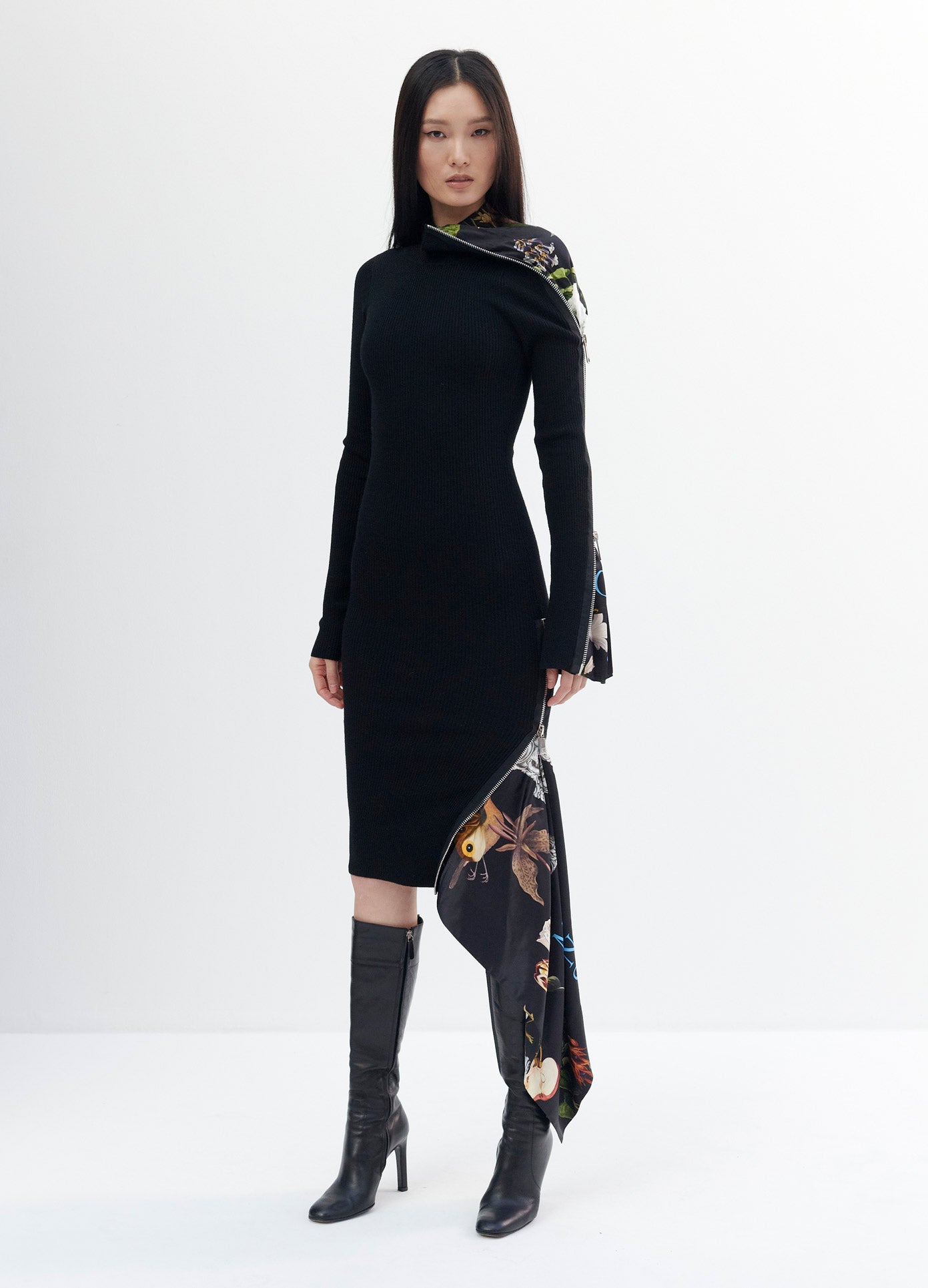 MONSE Long Sleeve Print Inset Zipper Detail Turtleneck Dress in Black Print on Model Full Front View
