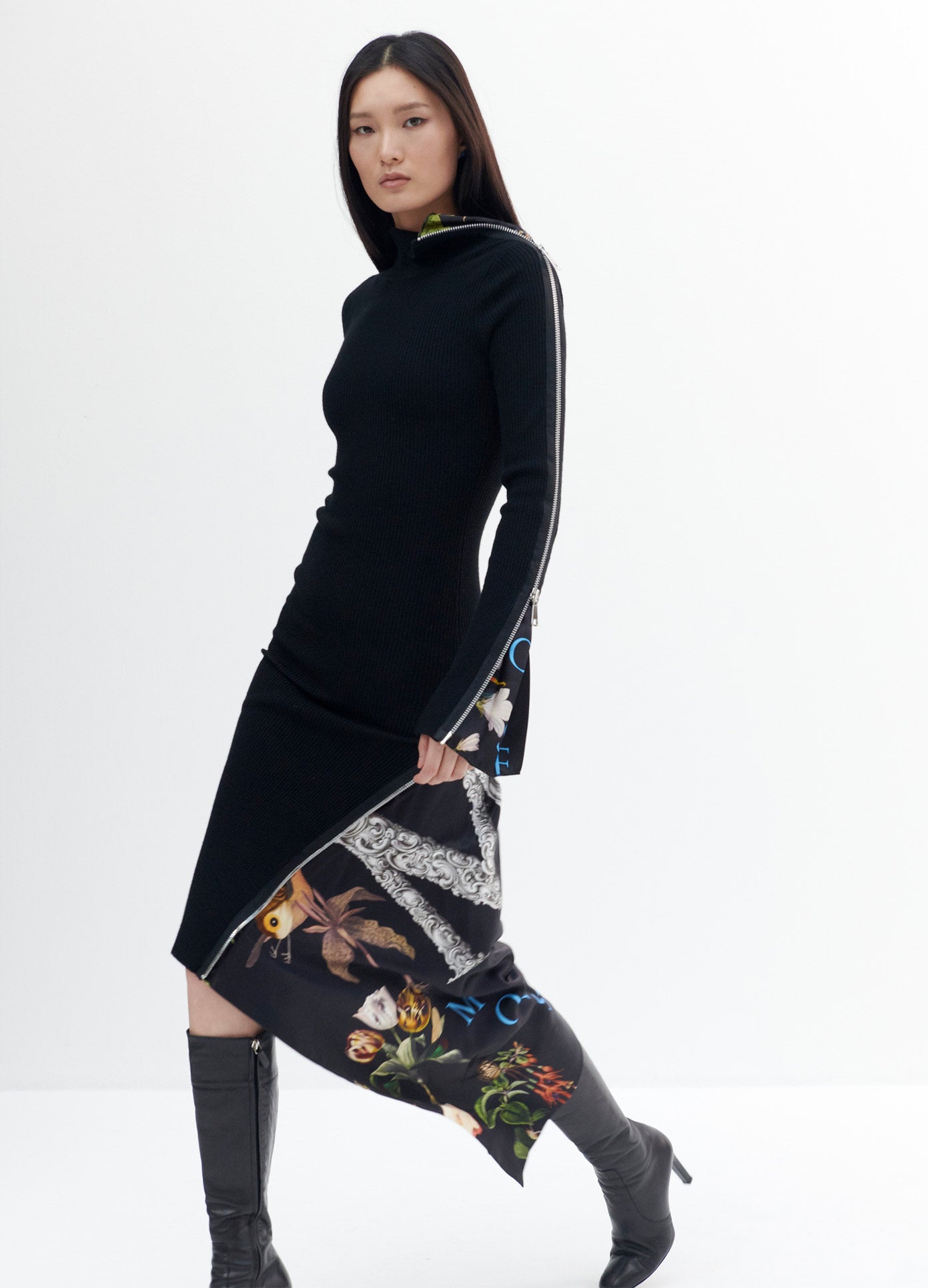 MONSE Long Sleeve Print Inset Zipper Detail Turtleneck Dress in Black Print on Model Walking Front View