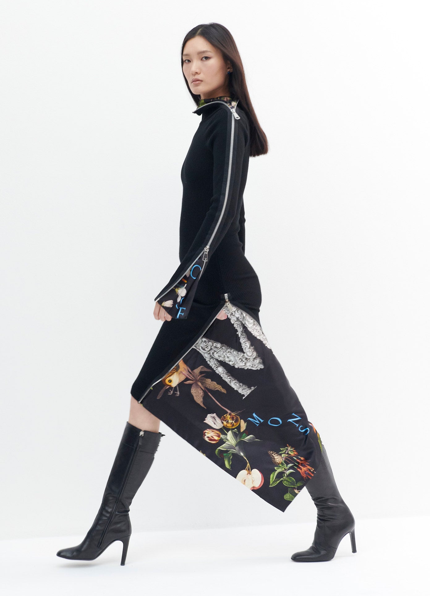 MONSE Long Sleeve Print Inset Zipper Detail Turtleneck Dress in Black Print on Model Walking Left Side View