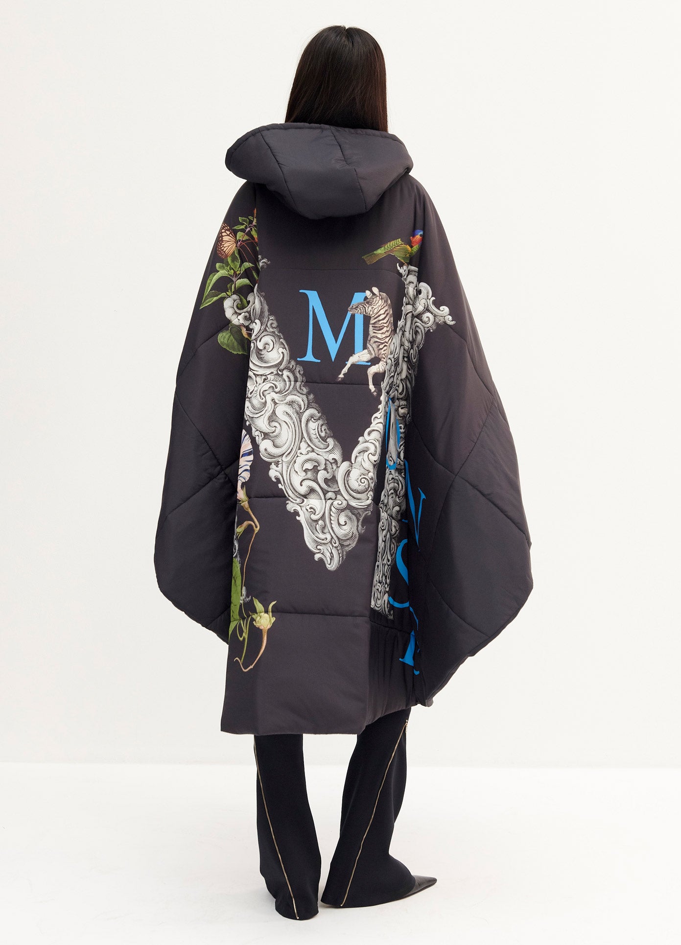 MONSE M Print Quilted Coat in Black M Print on Model Back View
