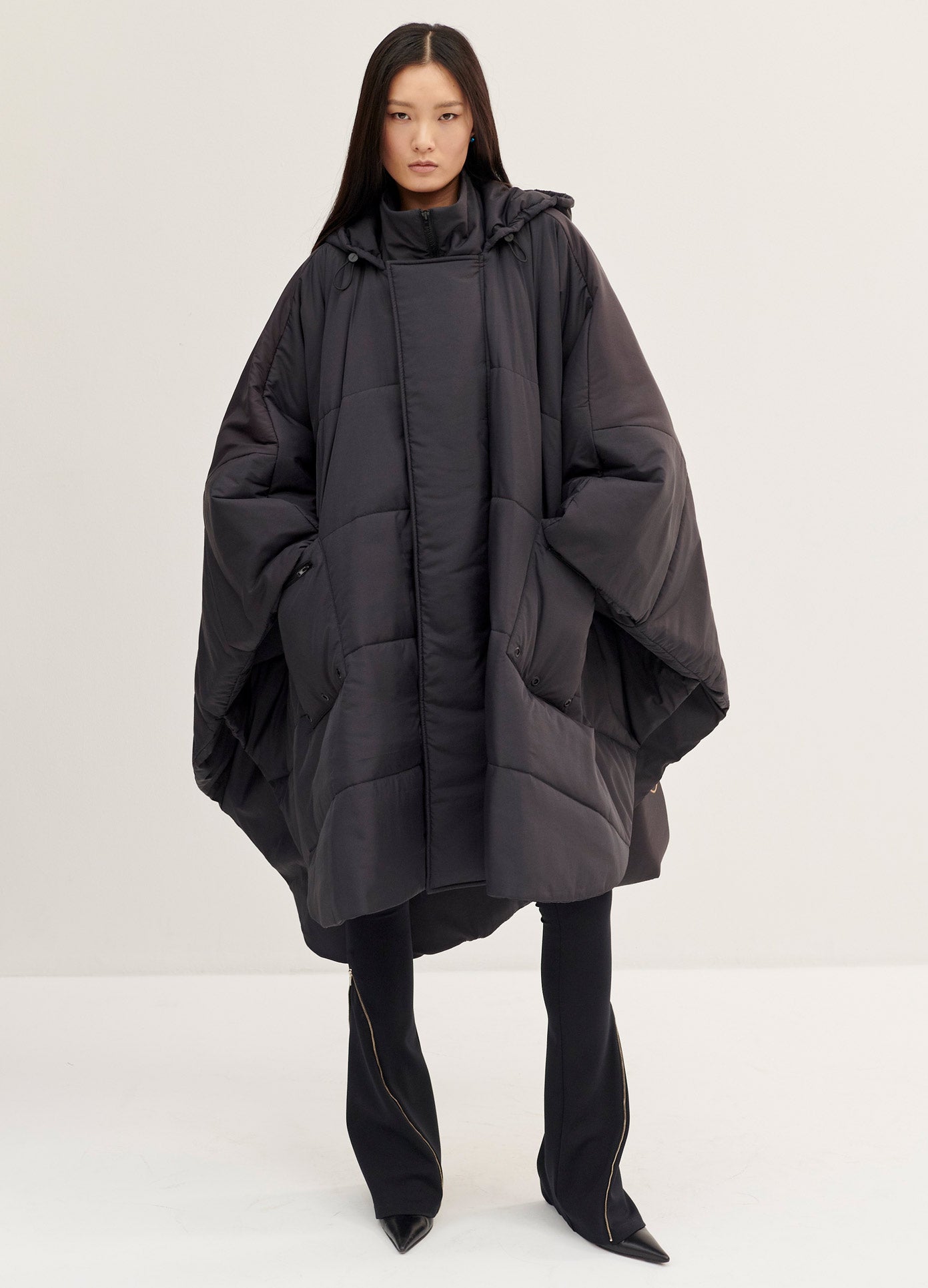 MONSE M Print Quilted Coat in Black M Print on Model Front View