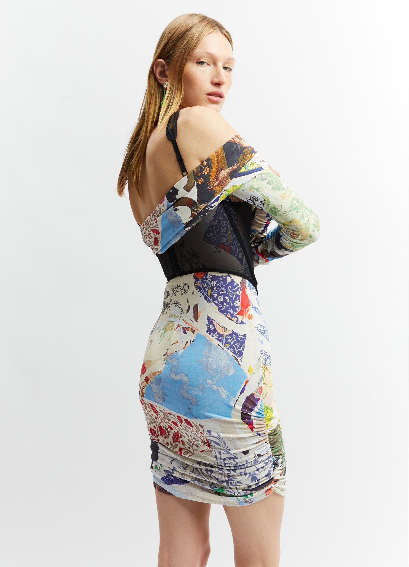 MONSE Mesh Bustier Print Dress in Black Multi on Model Side View