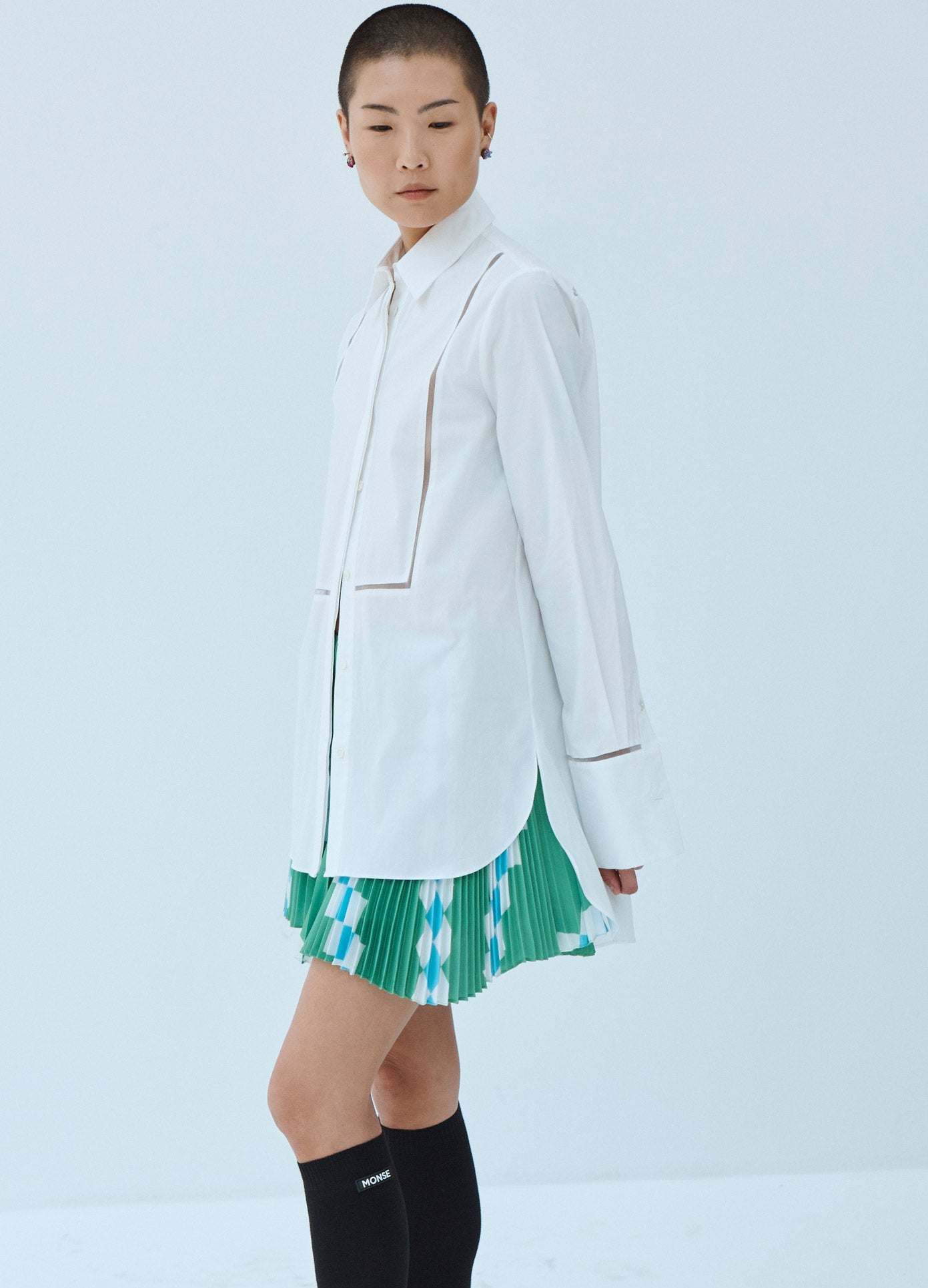 MONSE Mesh Inset Shirt in White on Model Side View