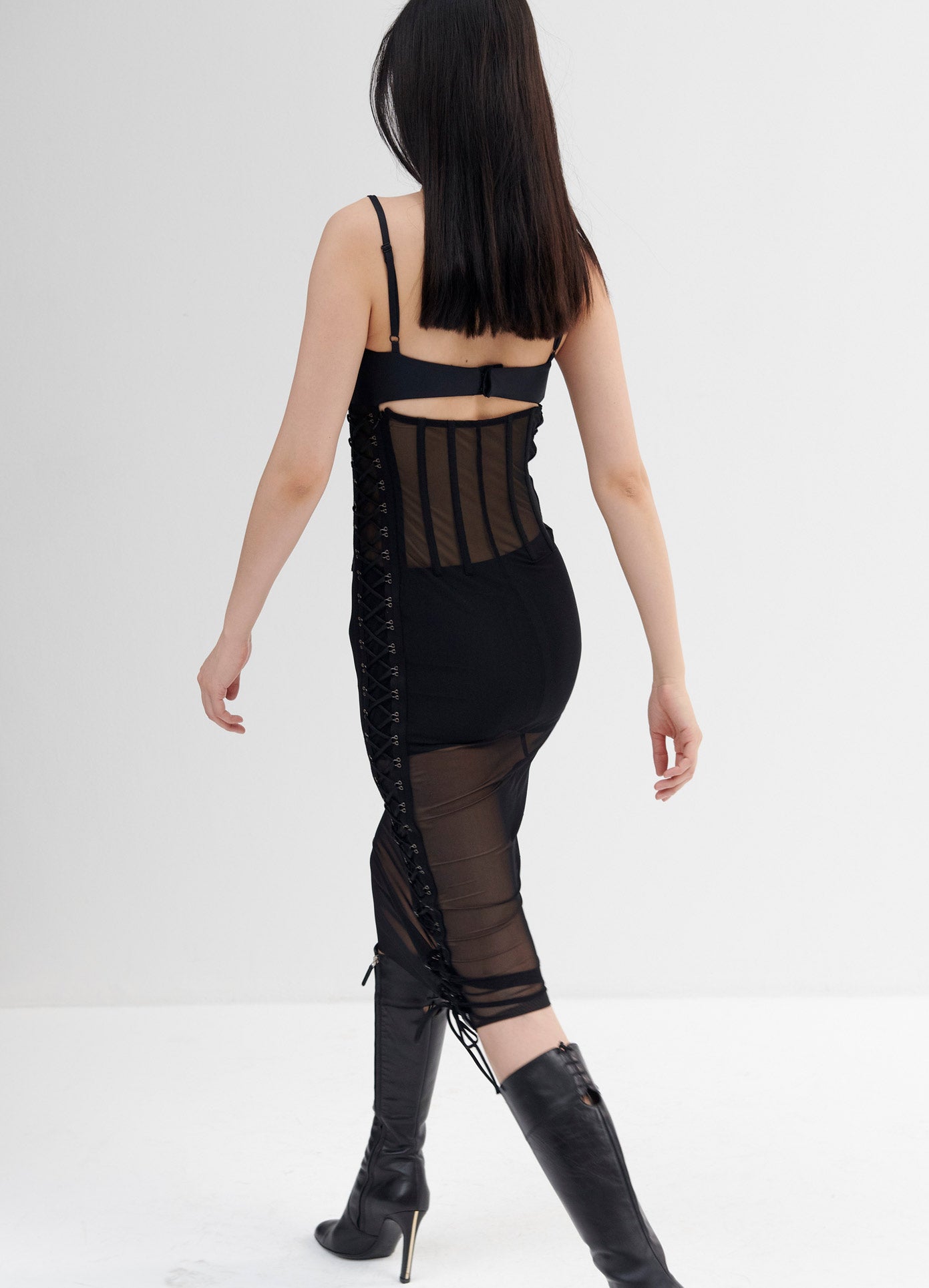 MONSE Mesh Slip Lacing Detail Dress in Black on Model Walking Back View