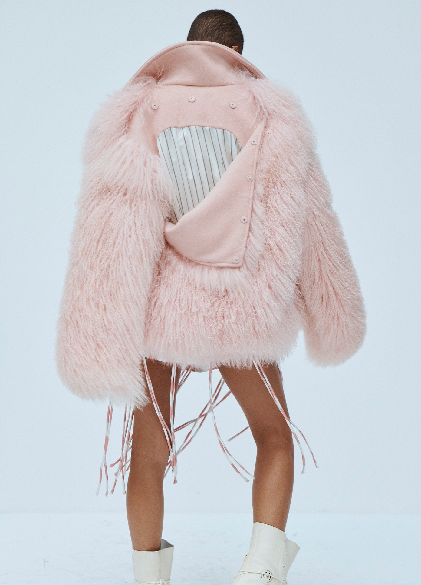 MONSE Mongolian Fur Jacket in Pink on Model Back View