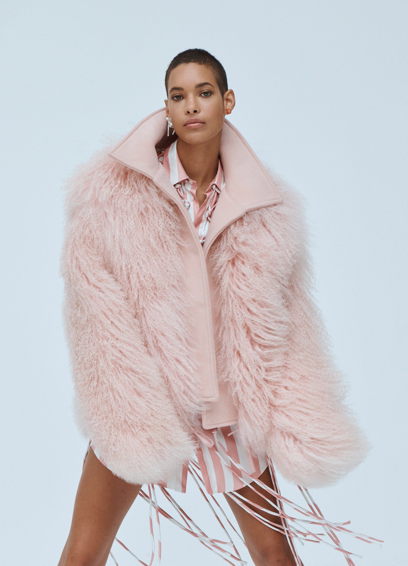 MONSE Mongolian Fur Jacket in Pink on Model Front View