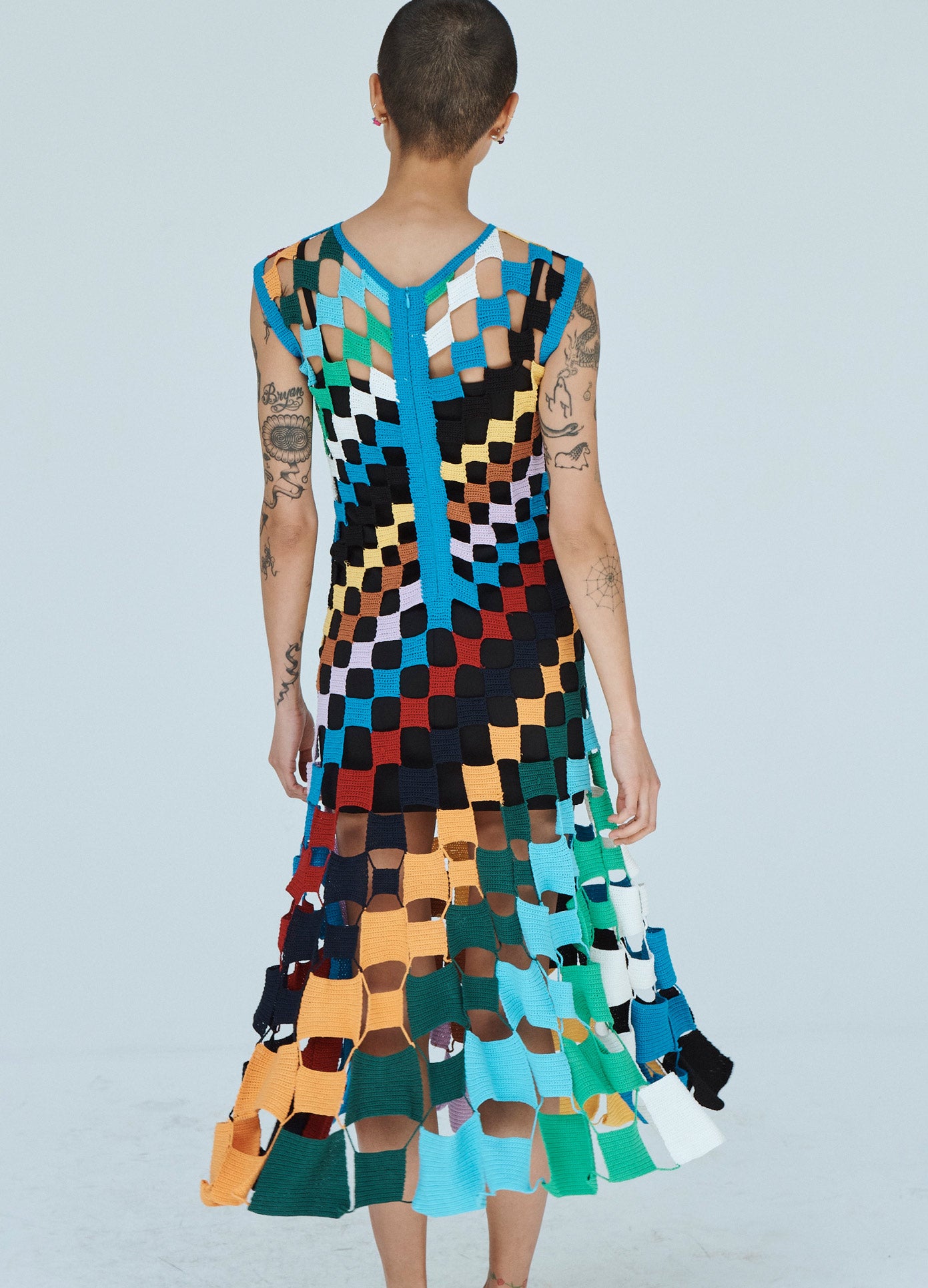 MONSE Multi Square Crochet Dress in Multi Colors on Model Back View