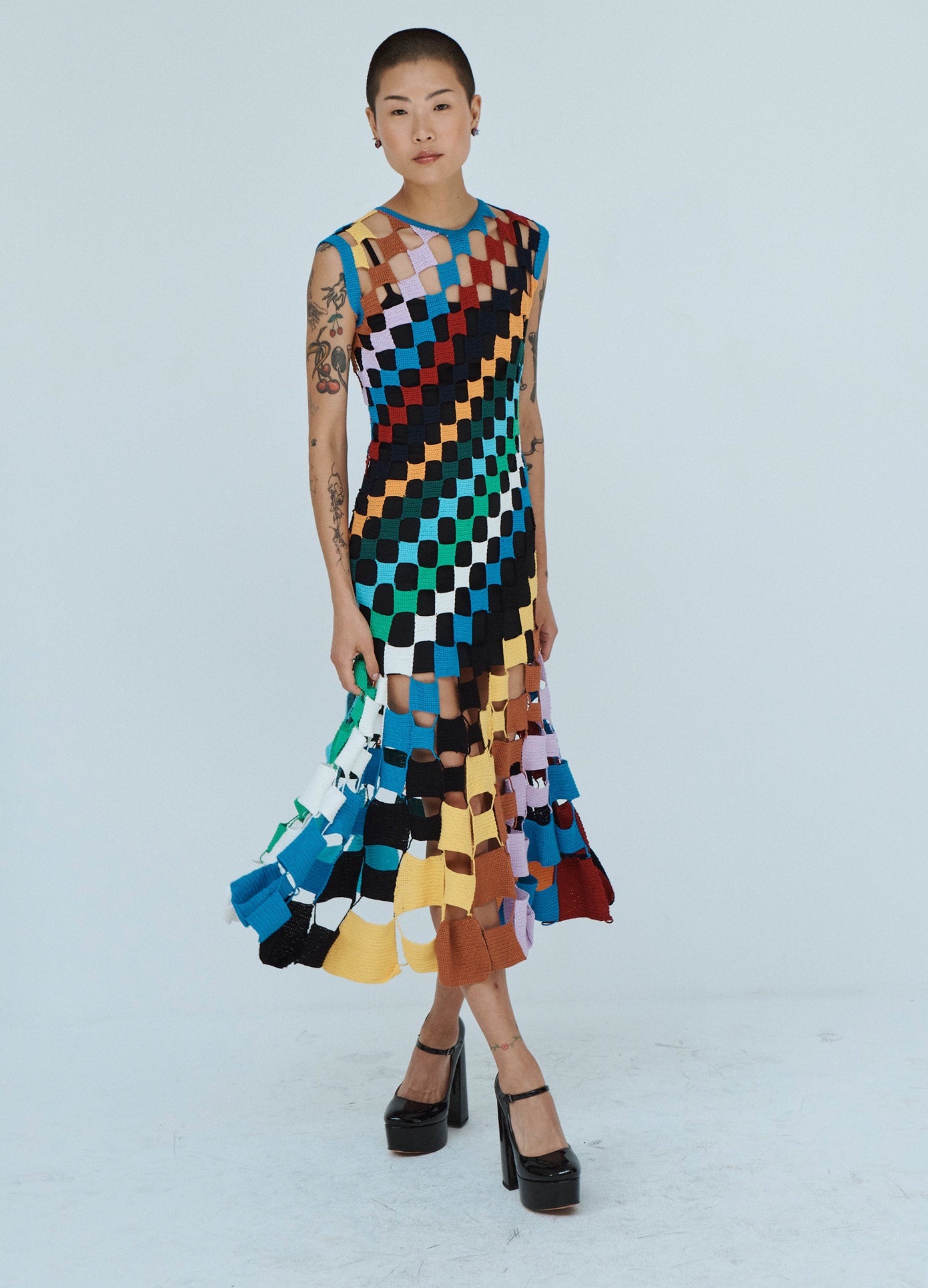 MONSE Multi Square Crochet Dress in Multi Colors on Model Front Side View
