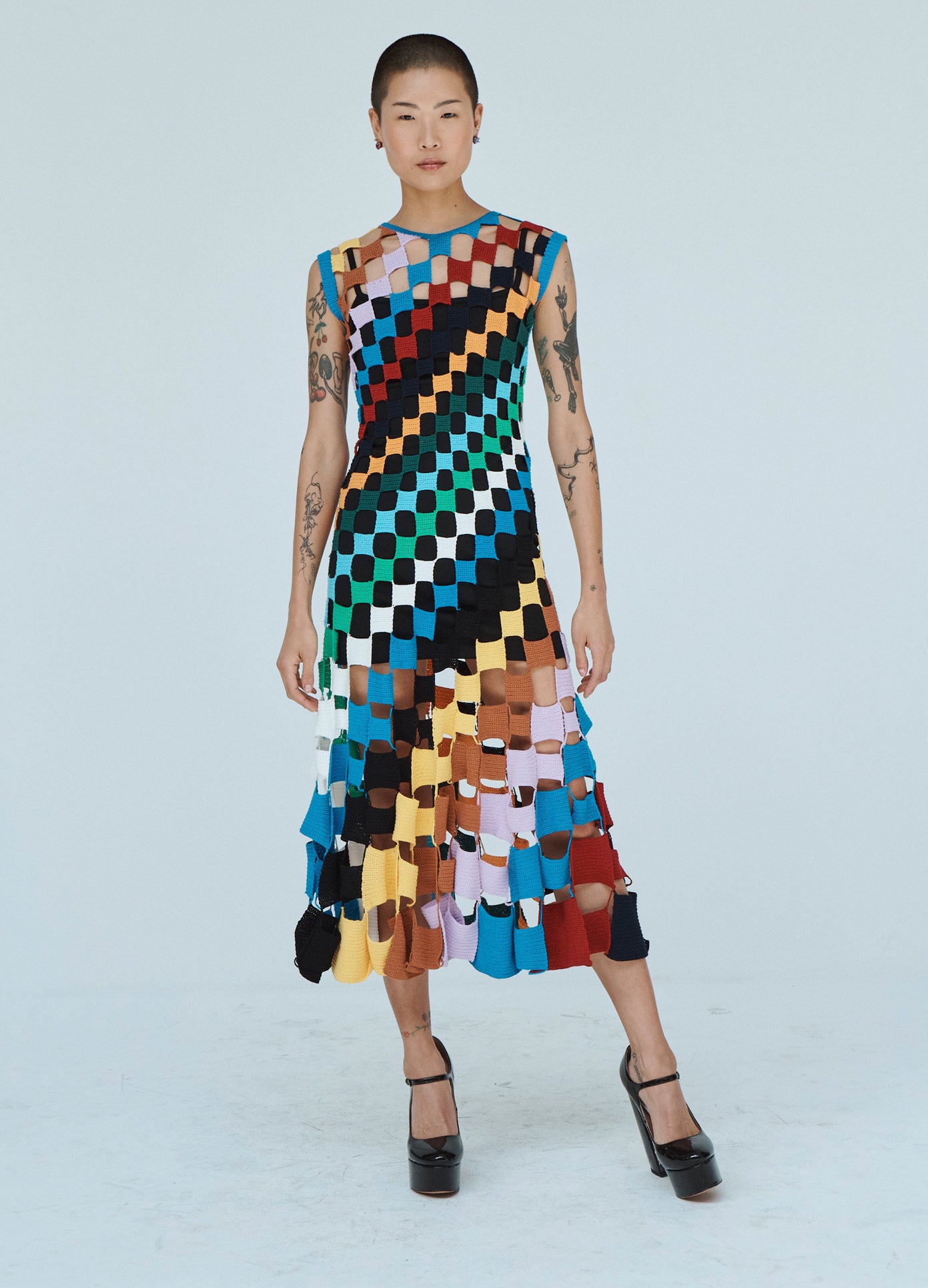 MONSE Multi Square Crochet Dress in Multi Colors on Model Front View