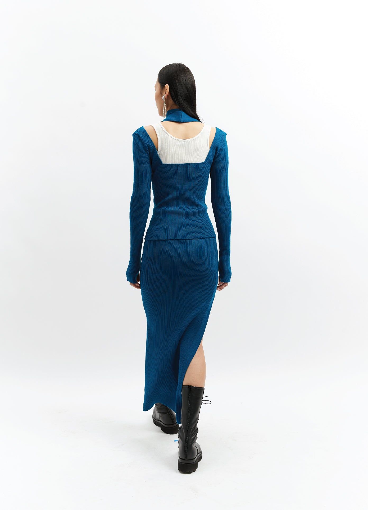 MONSE Neckband Knit Top in Teal on Model Full Back View