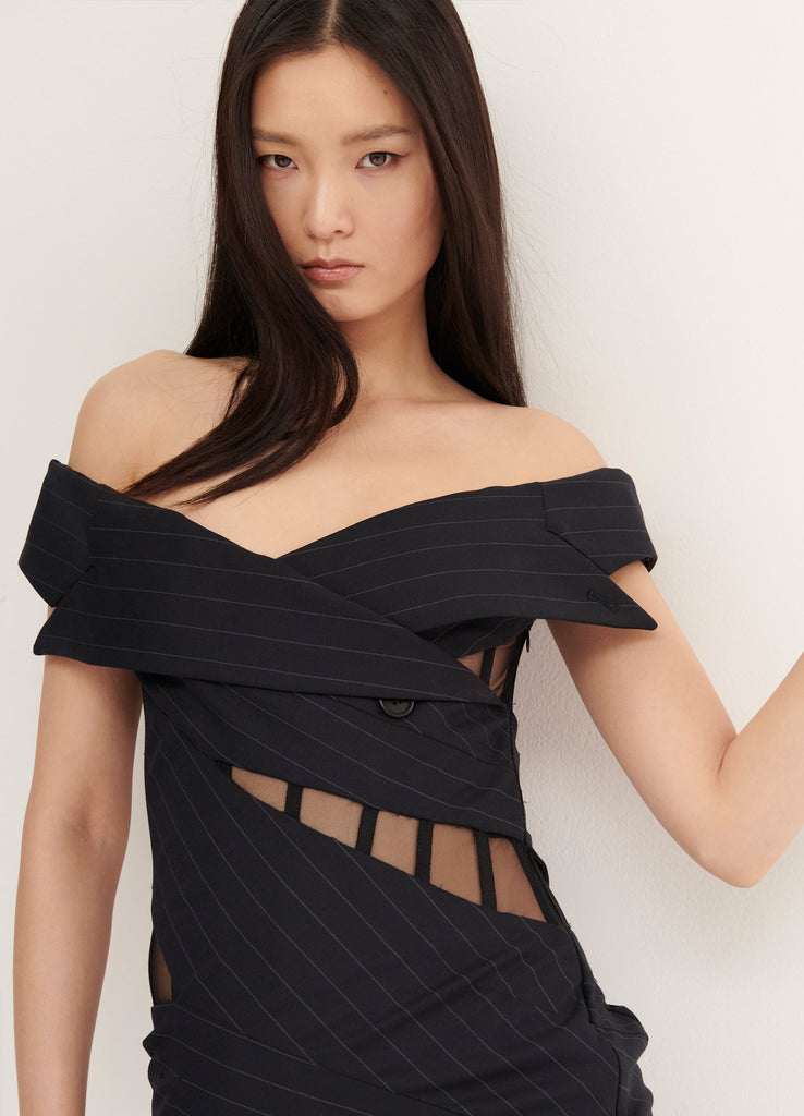 Off the Shoulder Corset Detail Cocktail in Midnight Pinstripe