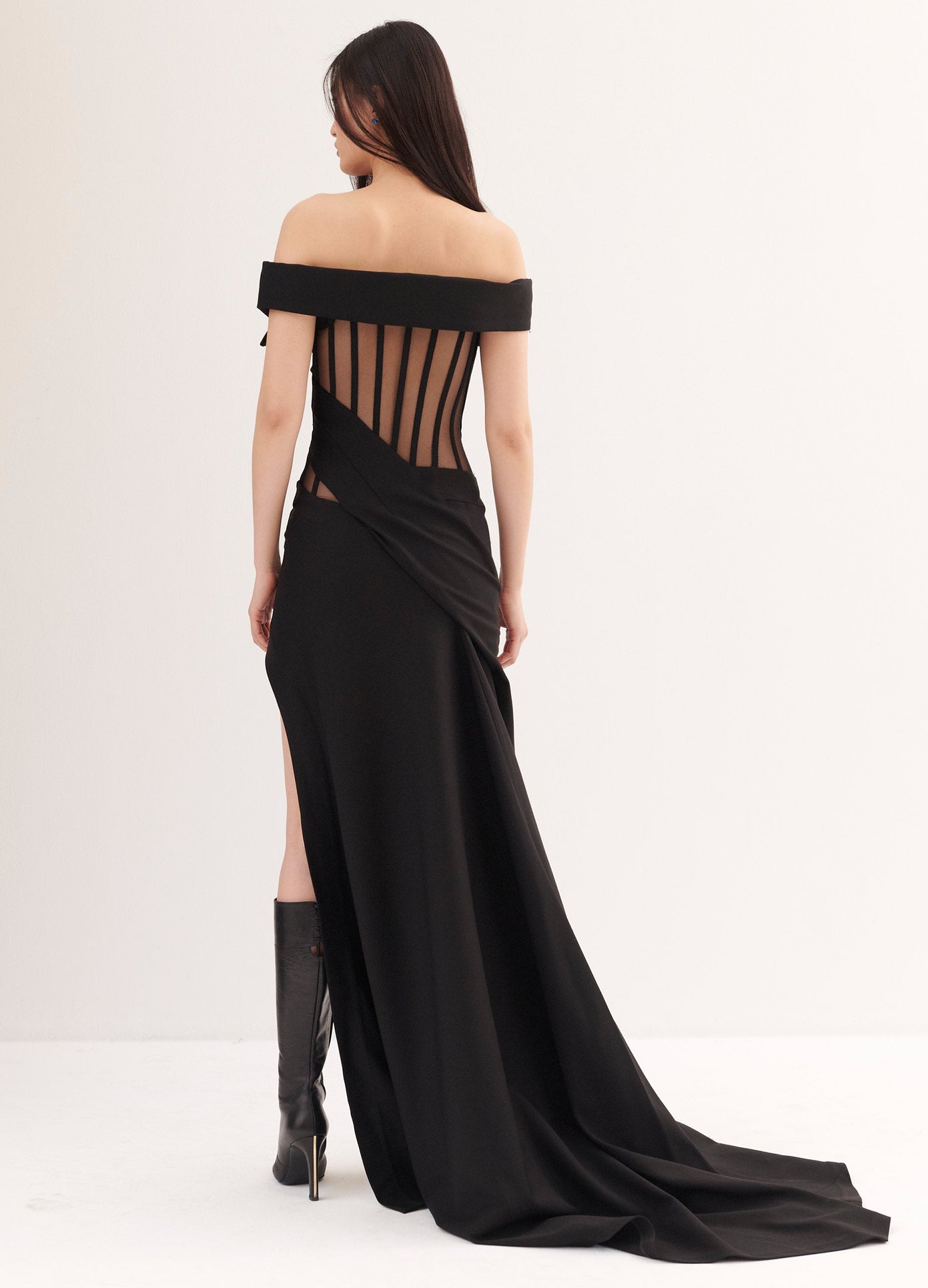 Off the Shoulder Corset Detail Gown in Black Double Faced Wool