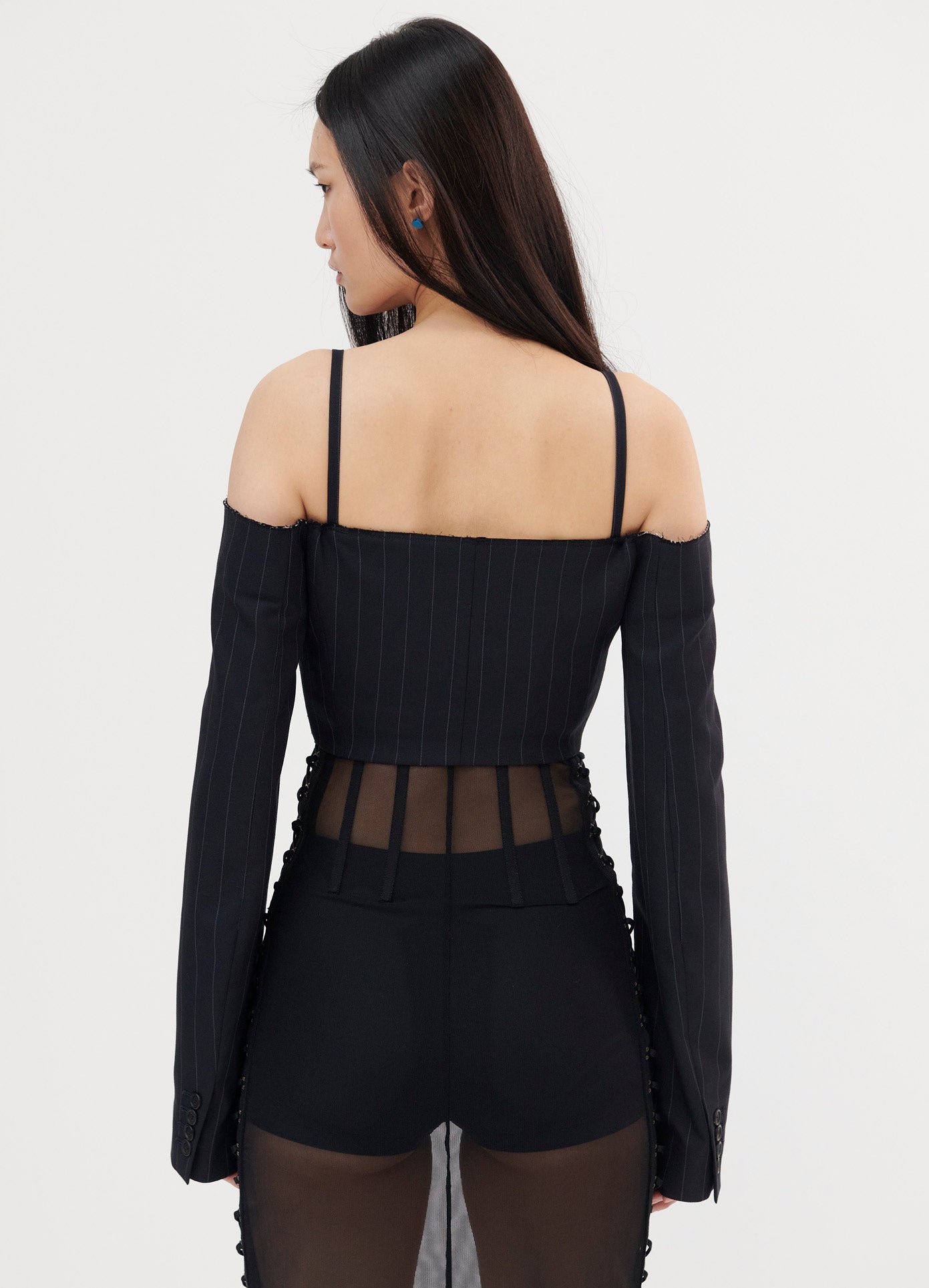 MONSE Off the Shoulder Cropped Jacket in Midnight on Model Back View