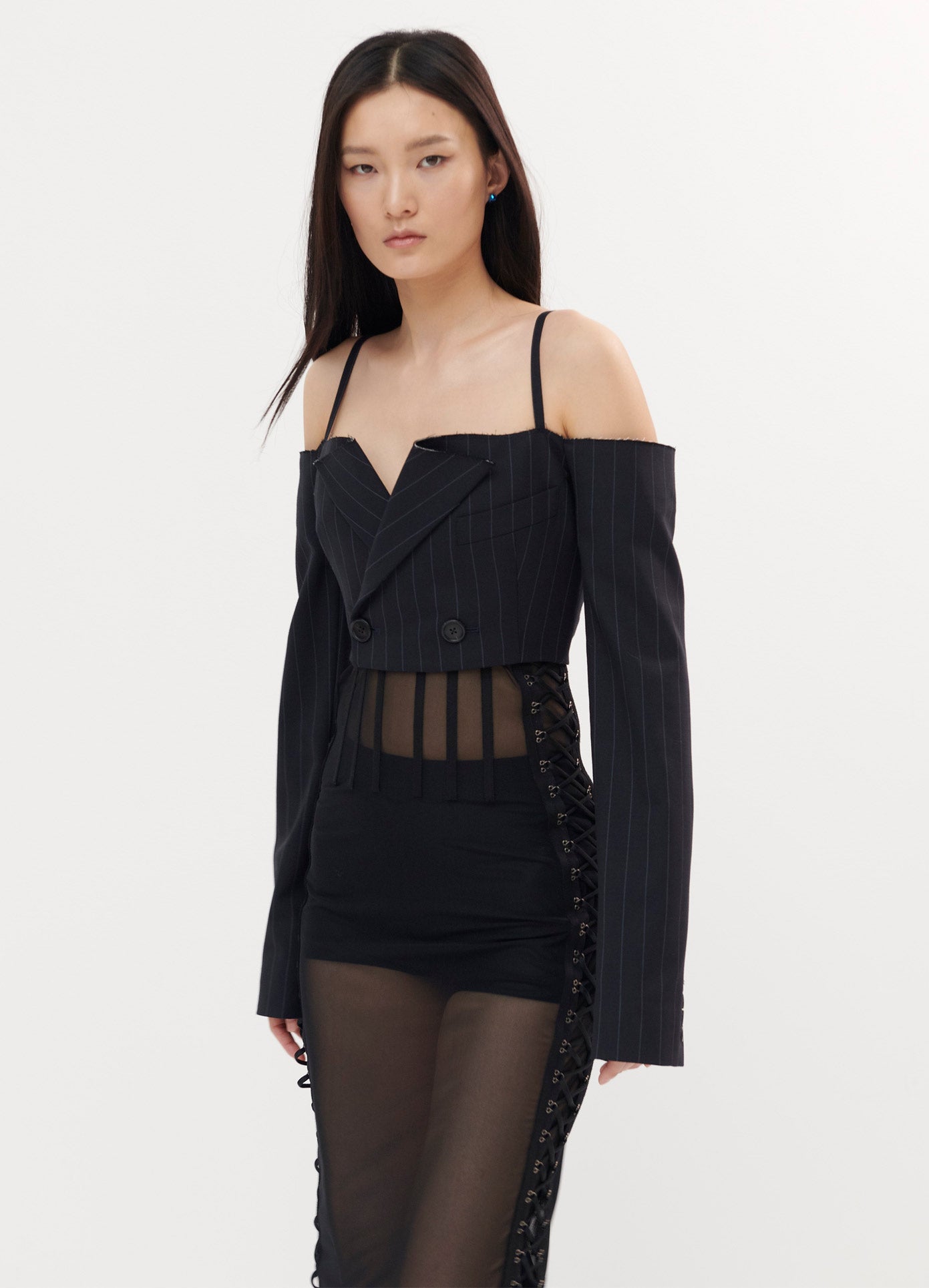 MONSE Off the Shoulder Cropped Jacket in Midnight on Model Front View