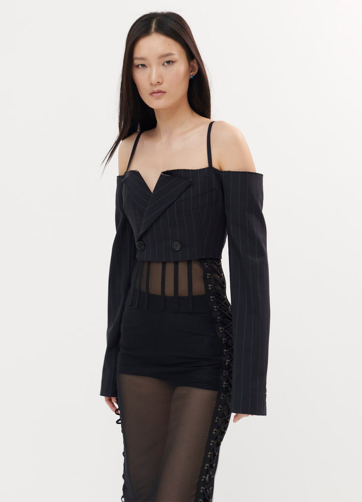 Off the Shoulder Cropped Jacket in Midnight Stretch Wool Gabardine