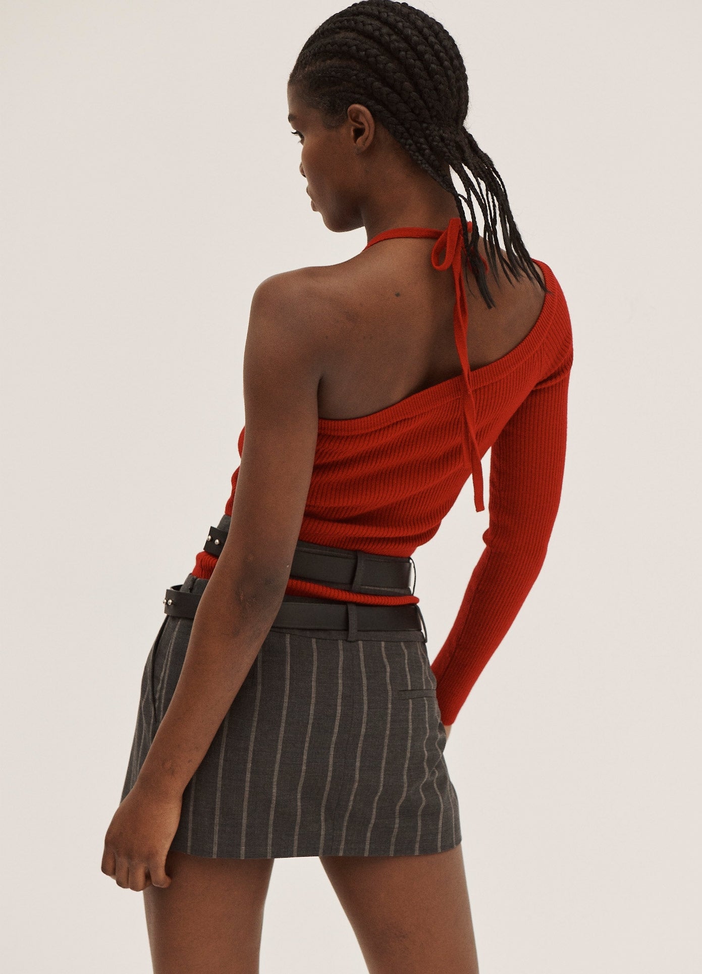 MONSE One Sleeve Halter Top in Deep Red on Model Back View
