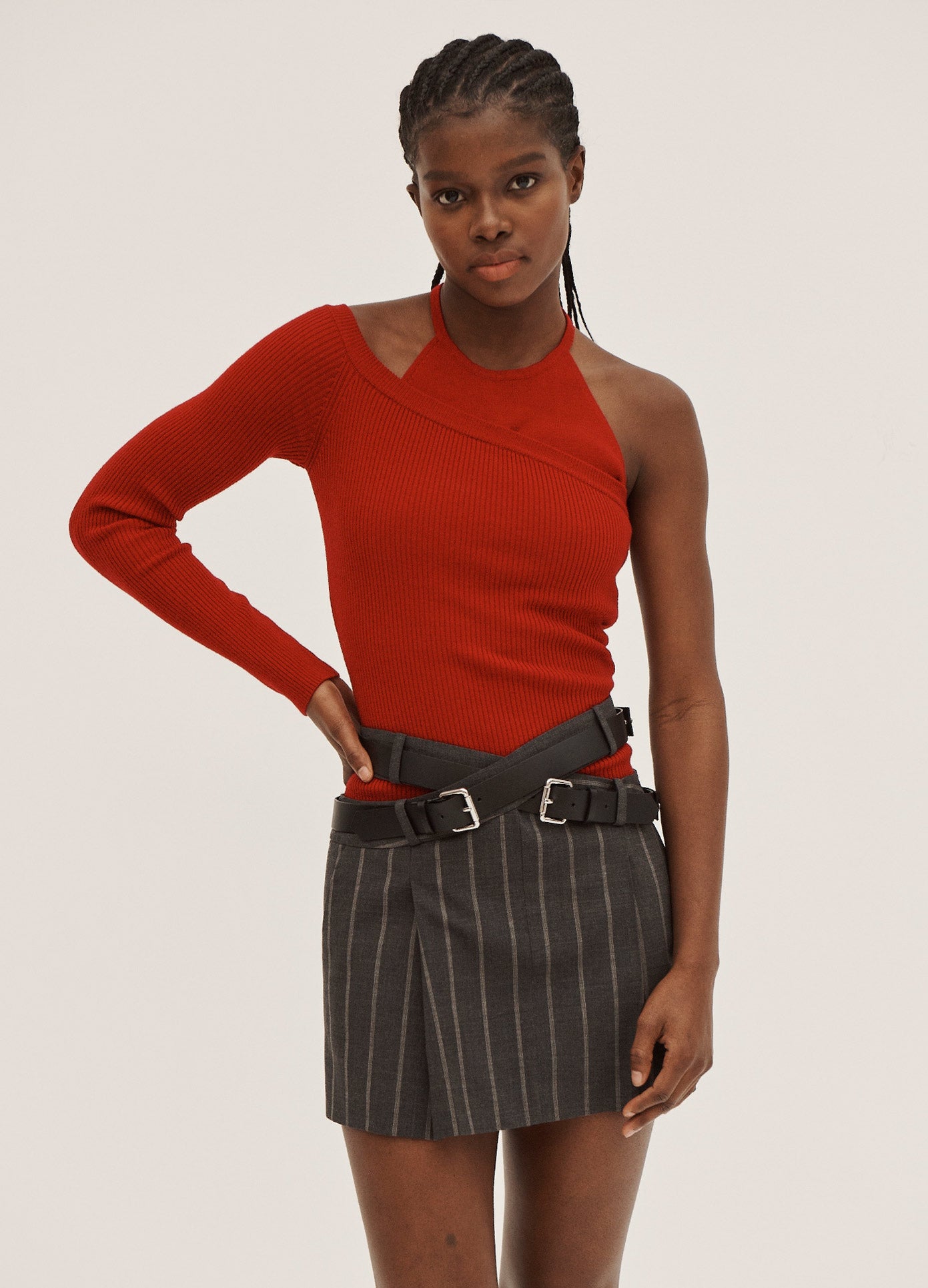 MONSE One Sleeve Halter Top in Deep Red on Model Front View