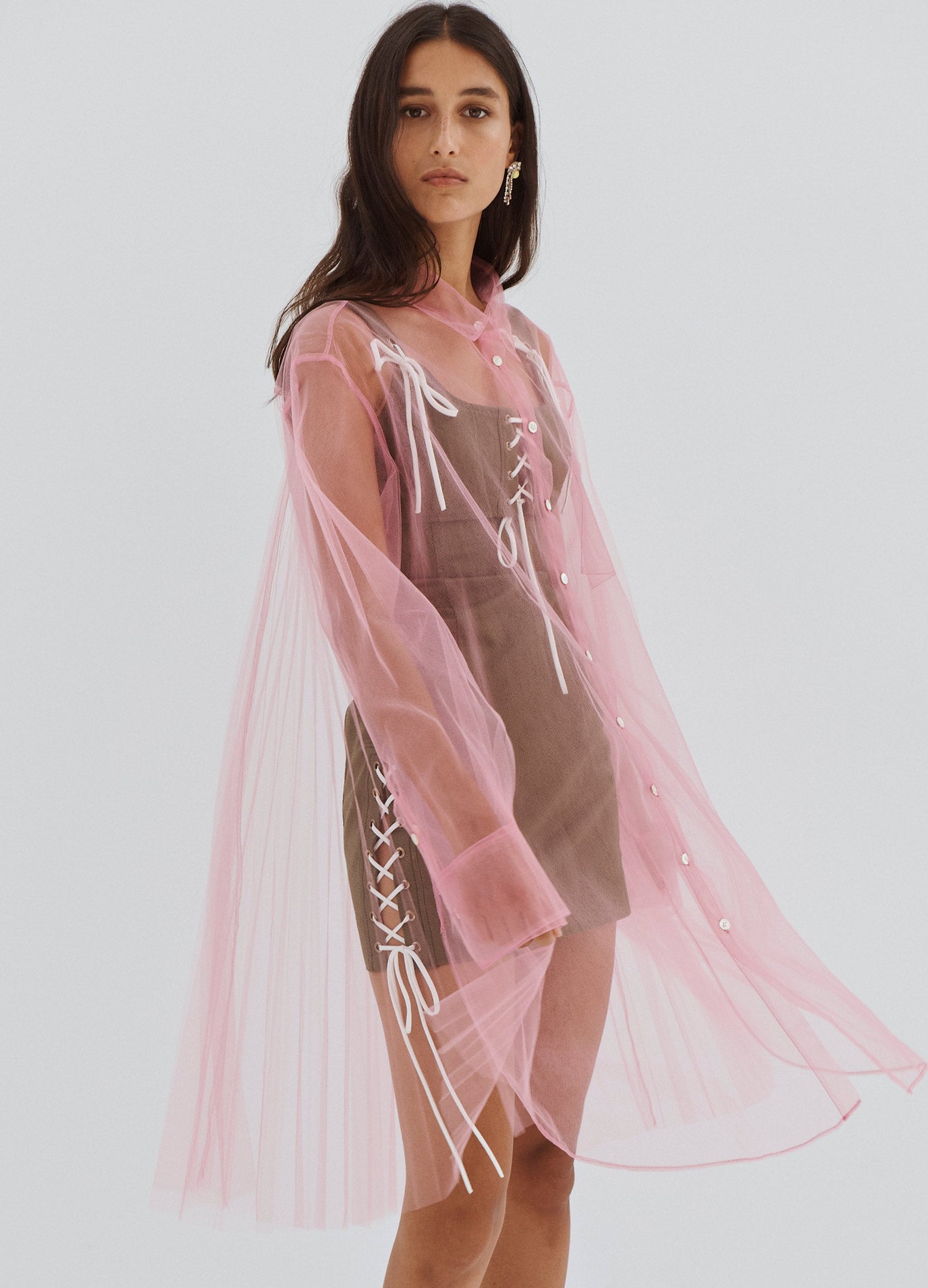 MONSE Pleated Back Button Down Tulle Shirt in Pink on Model Front Alternate View