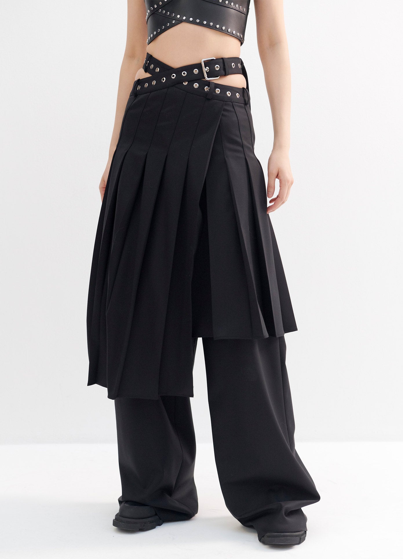 MONSE Pleated Criss Cross Waist Trouser Skirt in Black on Model Full View