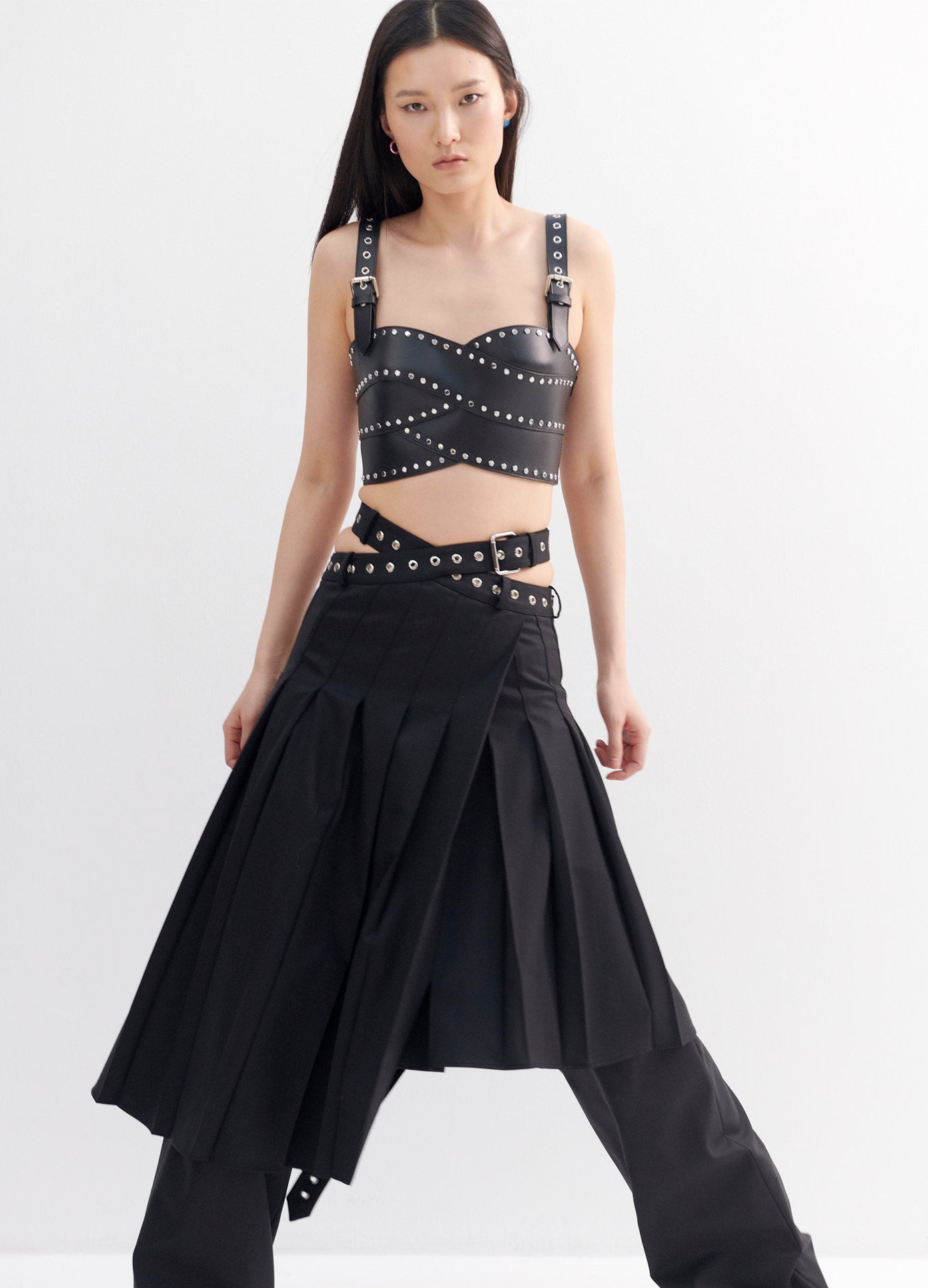 MONSE Pleated Criss Cross Waist Trouser Skirt in Black on Model Full Front View