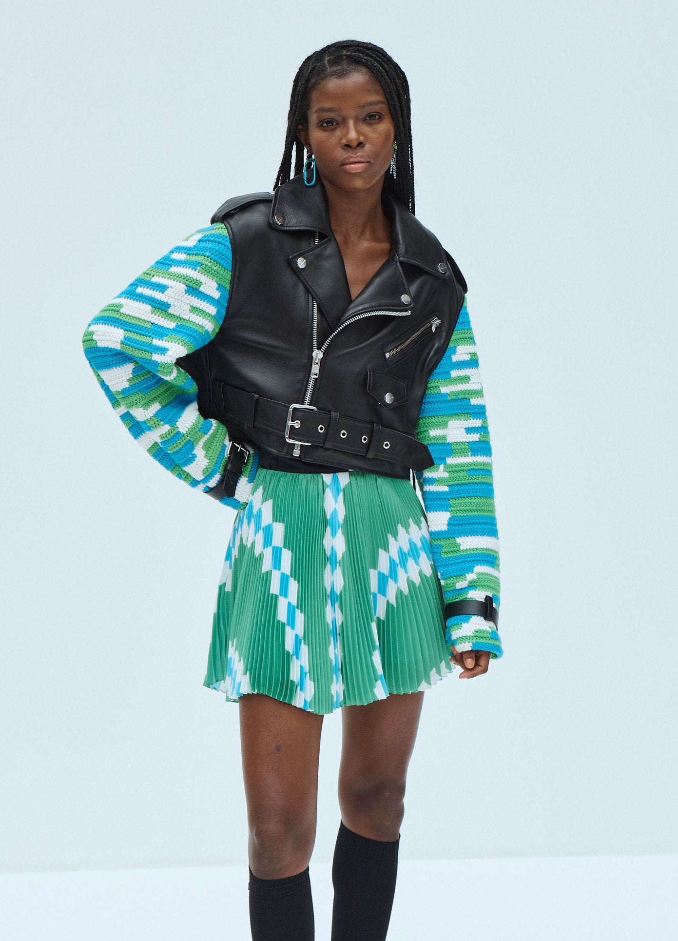 MONSE Pleated Spiral Mini Skirt in Green Multi on Model Front View