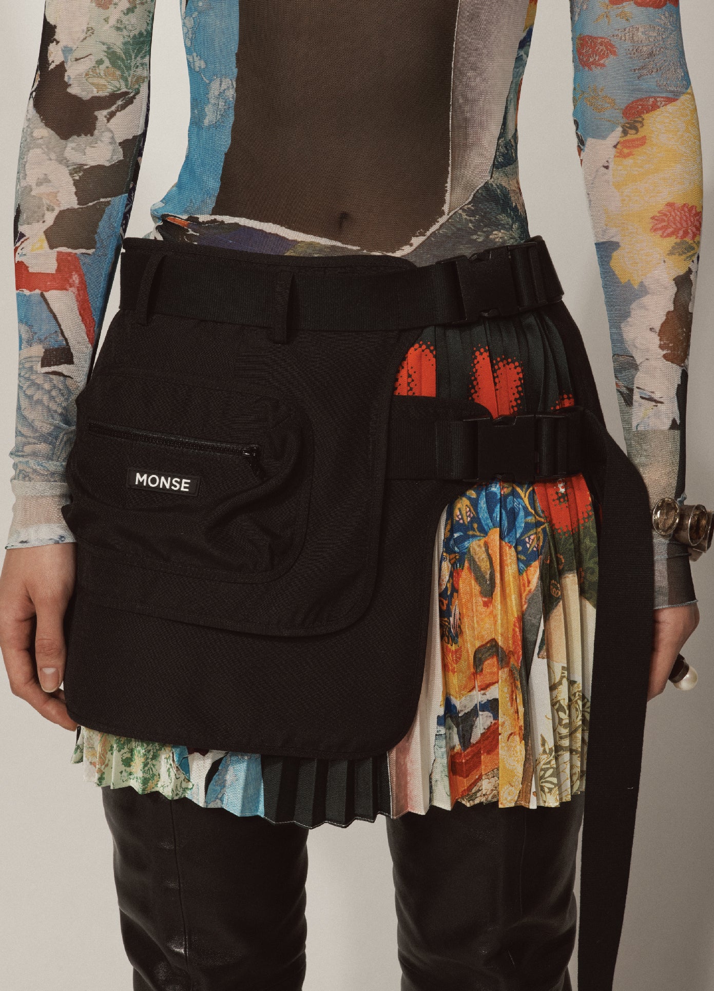 MONSE Pouch Pleated Skirt in Black Multi on Model Detailed View