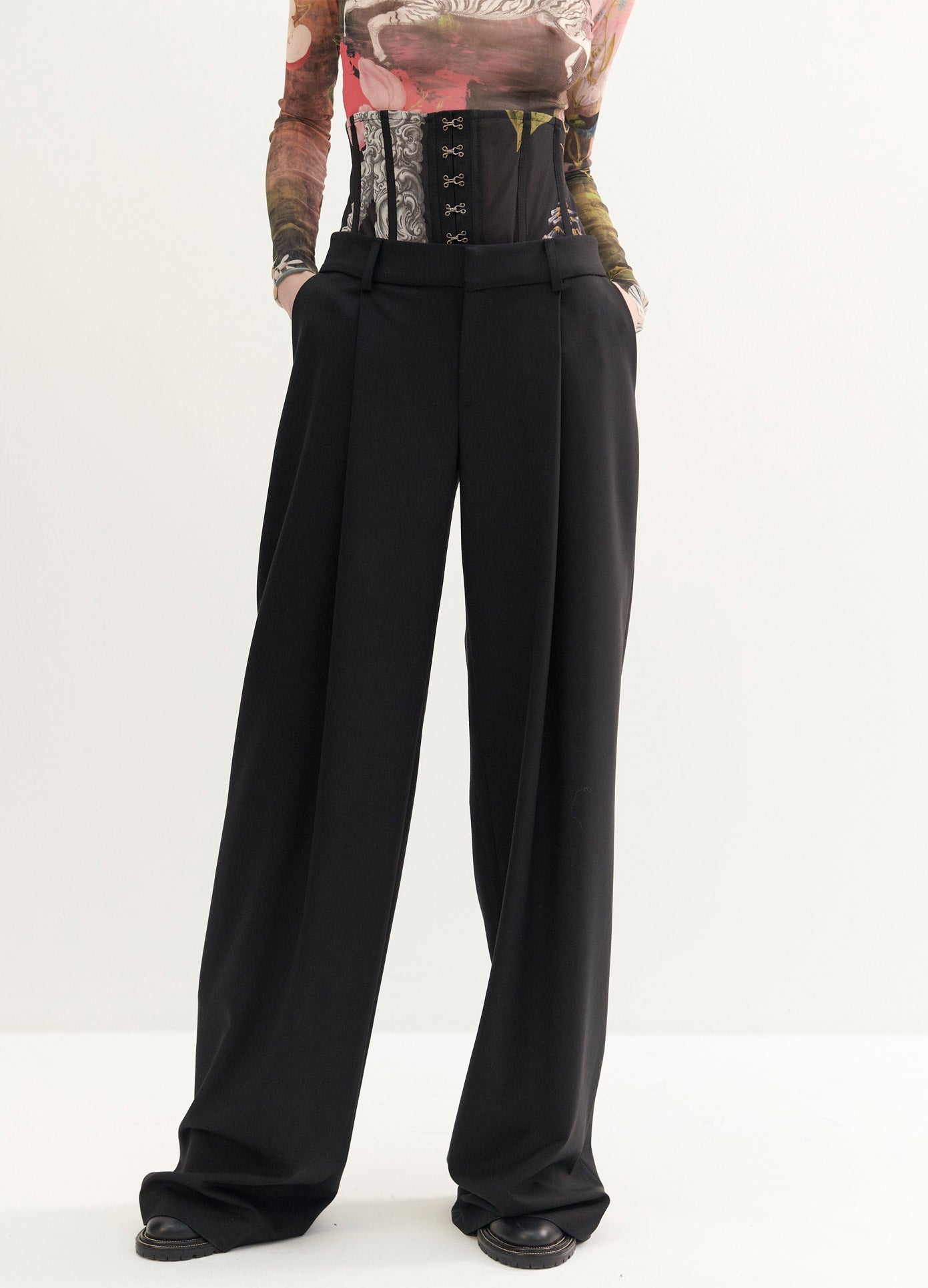 MONSE Print Bustier Trousers in Black on Model Front Detail View