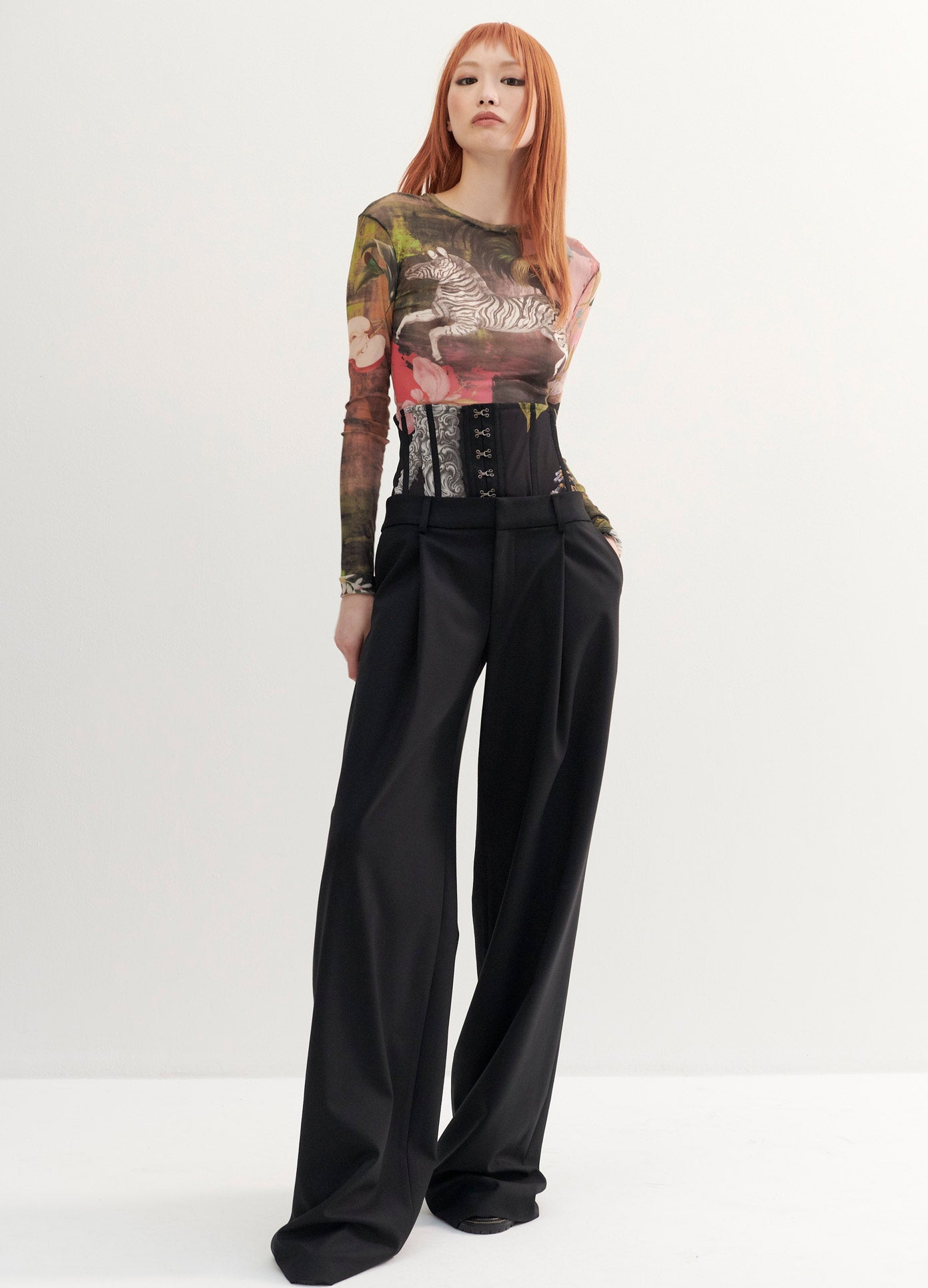 MONSE Print Bustier Trousers in Black on Model Full Front View