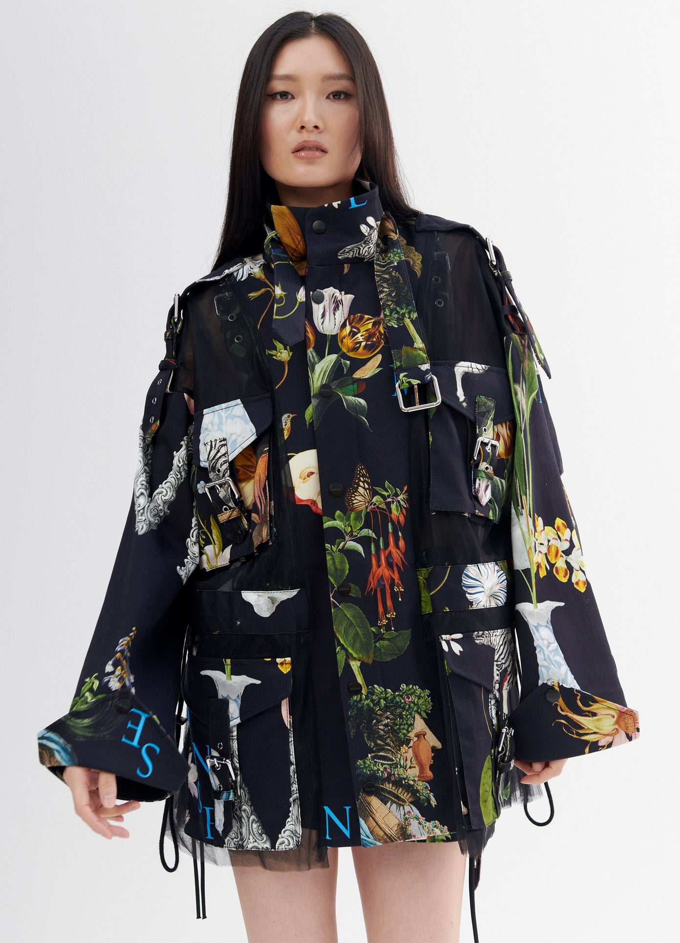 MONSE Print Cargo Tulle Jacket in Black Print on Model Front Detail View