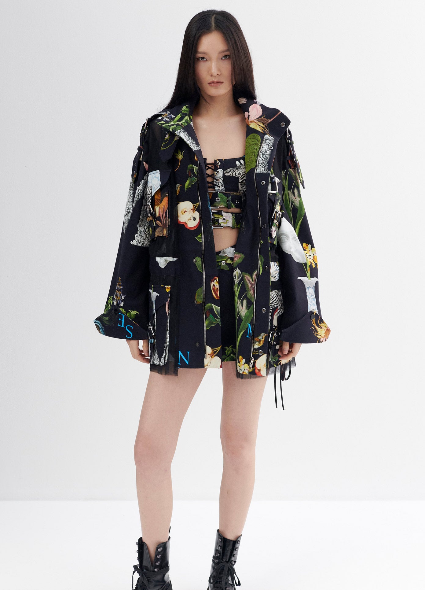 MONSE Print Cargo Tulle Jacket in Black Print on Model Front View